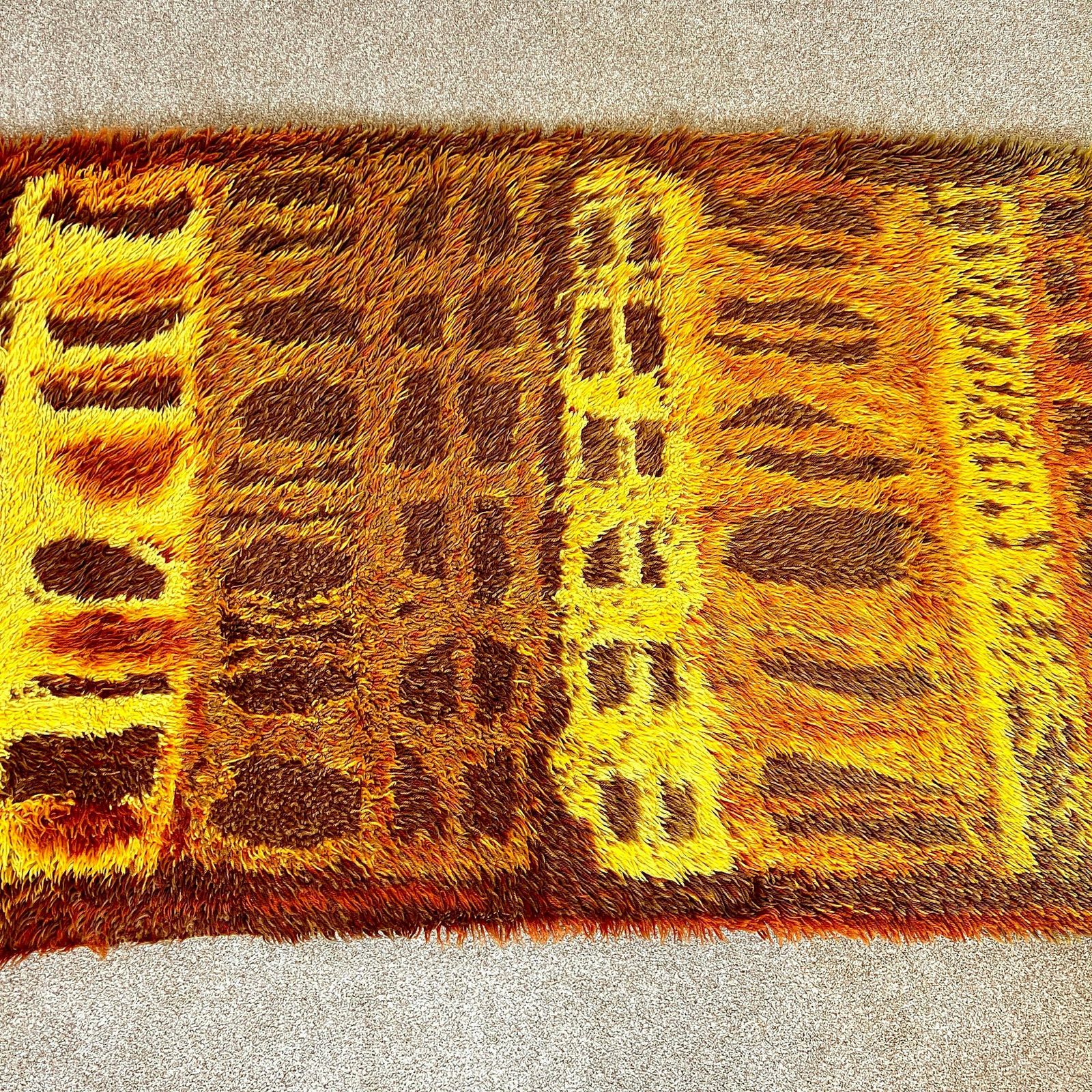Mid Century Orange Brown Rug Rya, Vintage 70s Round Shag Style Rug, Retro 5ft X 3ft photo Textiles