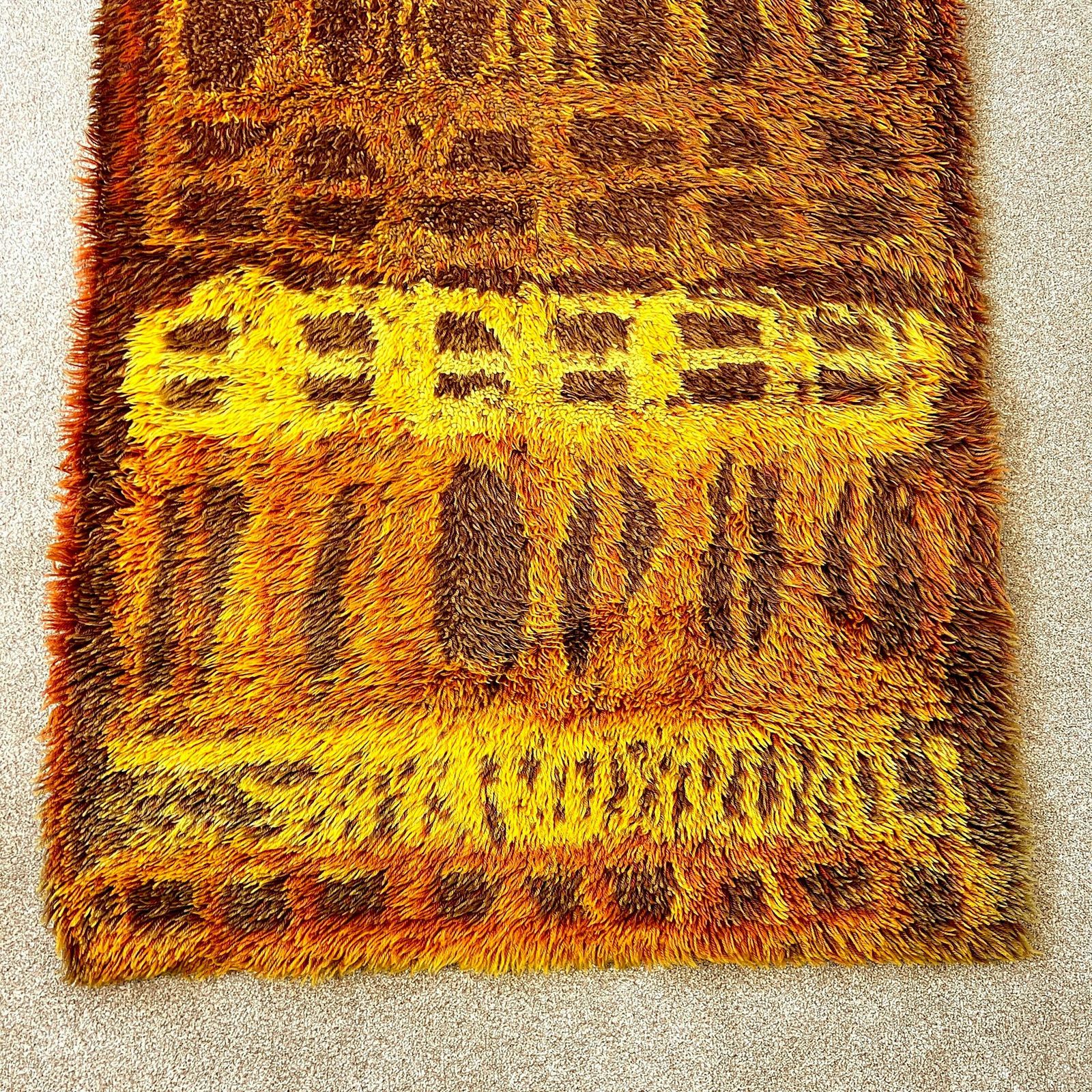 Mid Century Orange Brown Rug Rya, Vintage 70s Round Shag Style Rug, Retro 5ft X 3ft photo vinterior