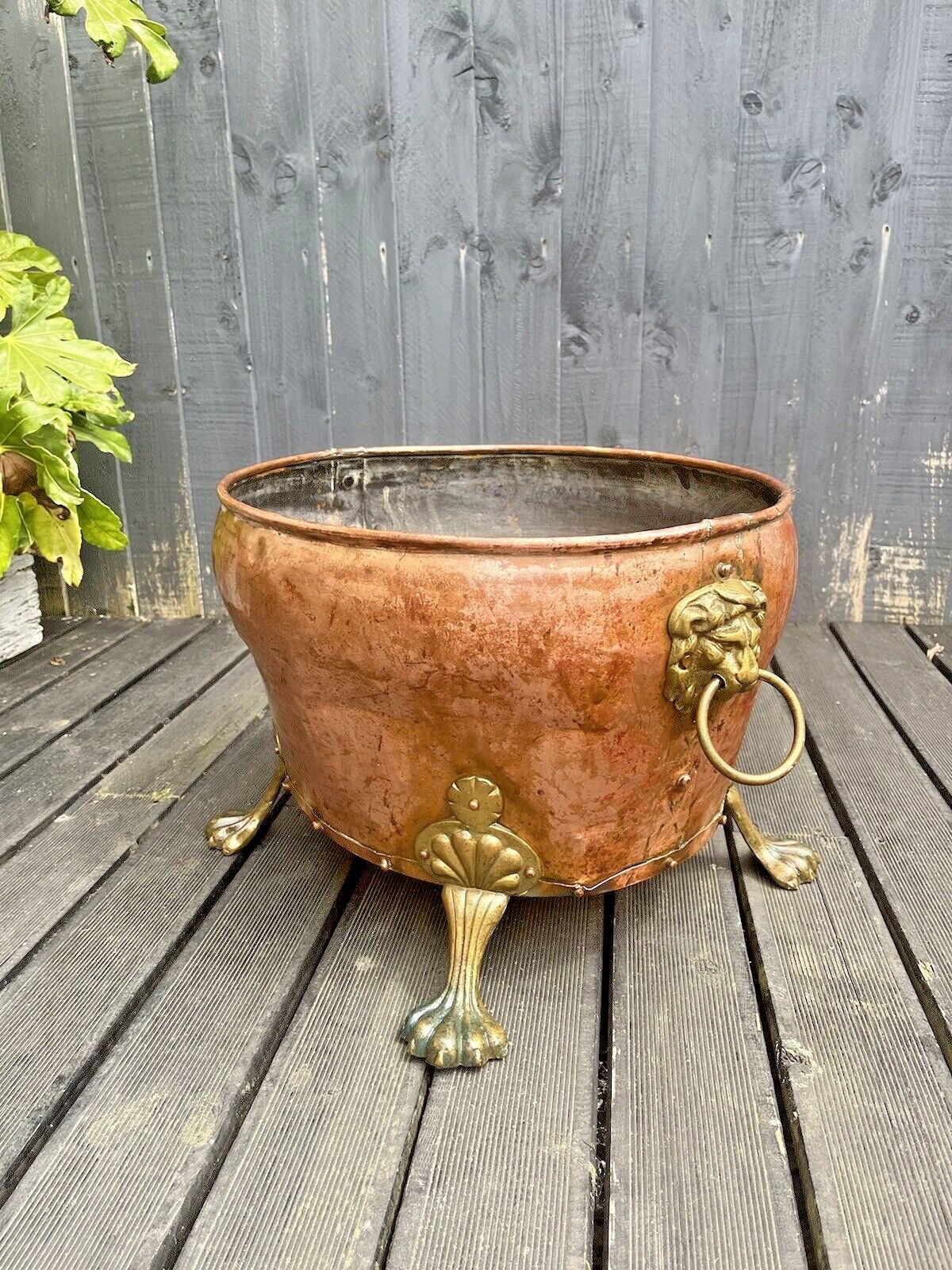 Large Antique Copper & Brass Lions Head Paw Feet Riveted Log Coal Bucket Planter photo for sale