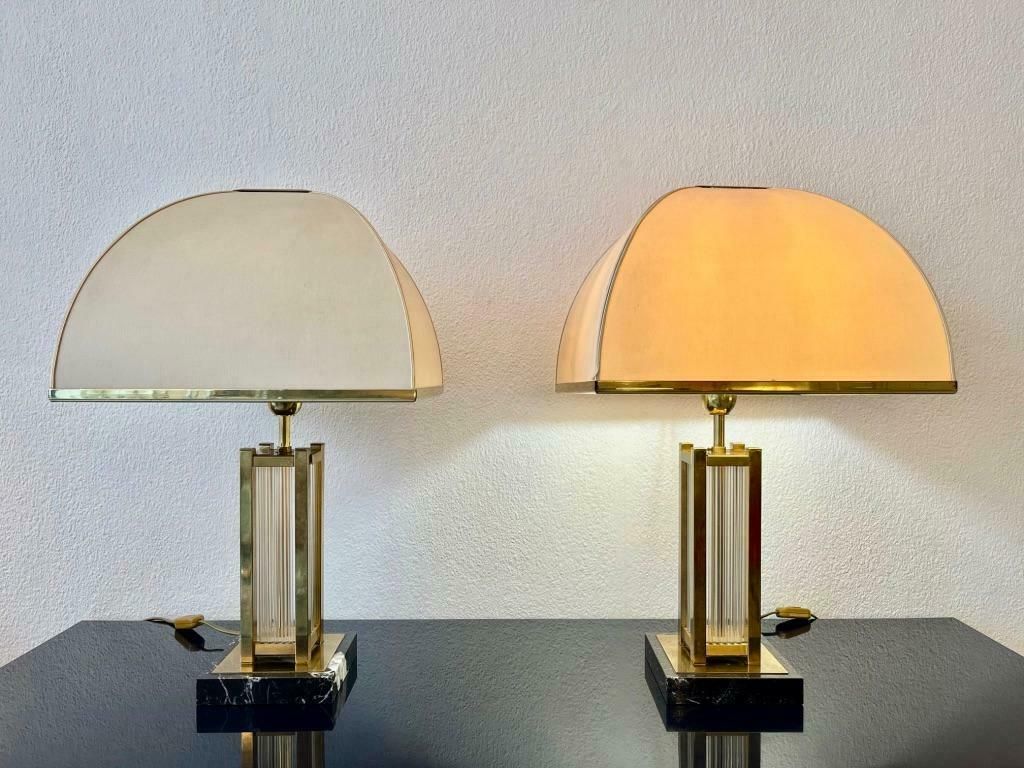 Pair Of Marble, Glass & Brass Table Lamps By Romeo Rega, Italy Ca. 1970s photo furniture