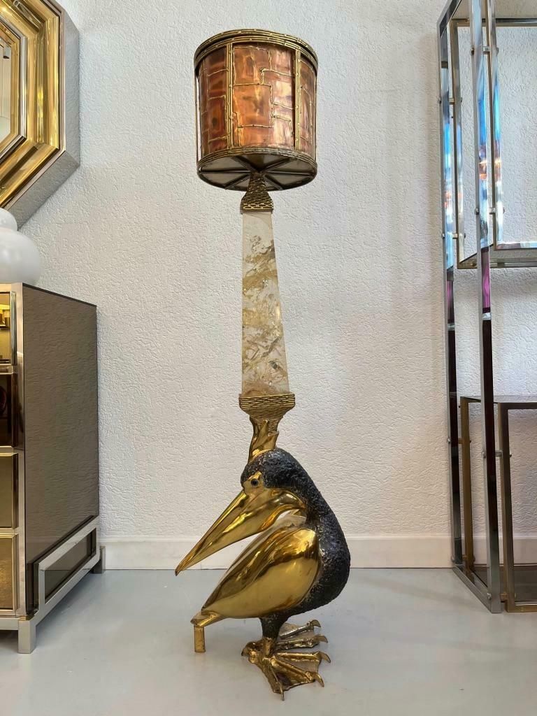 Jacques Duval Brasseur Signed Brass Pelican Obelisk Planter, France, Ca. 1970s photo for sale