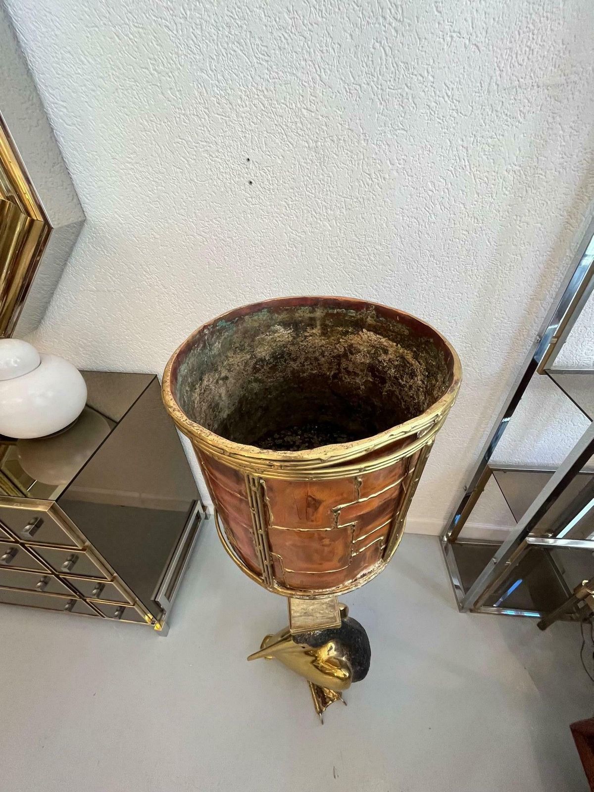 photo vintage Jacques Duval Brasseur Signed Brass Pelican Obelisk Planter, France, Ca. 1970s