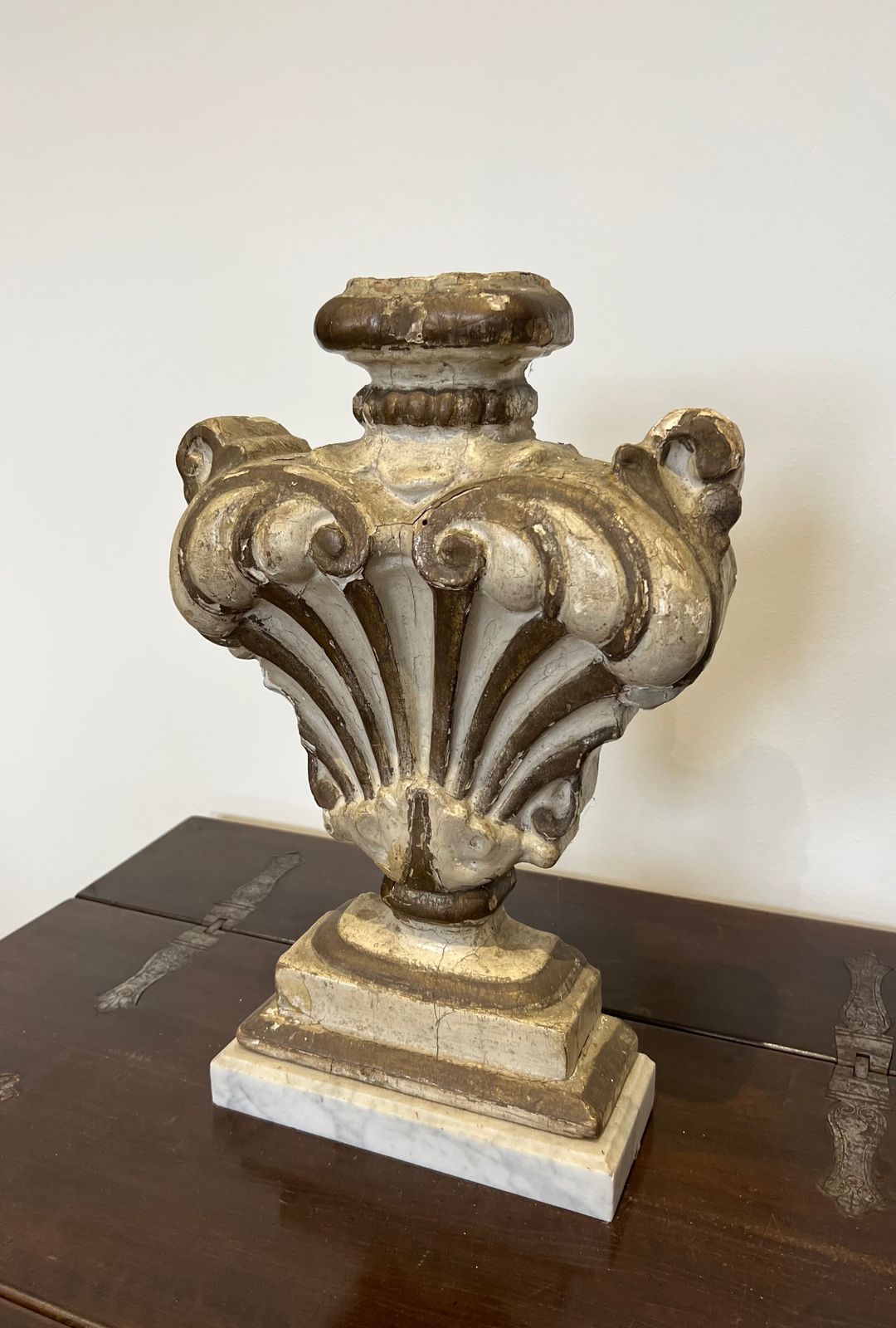 Decorative Element In Carved Wood On Carrara Marble Base photo for sale