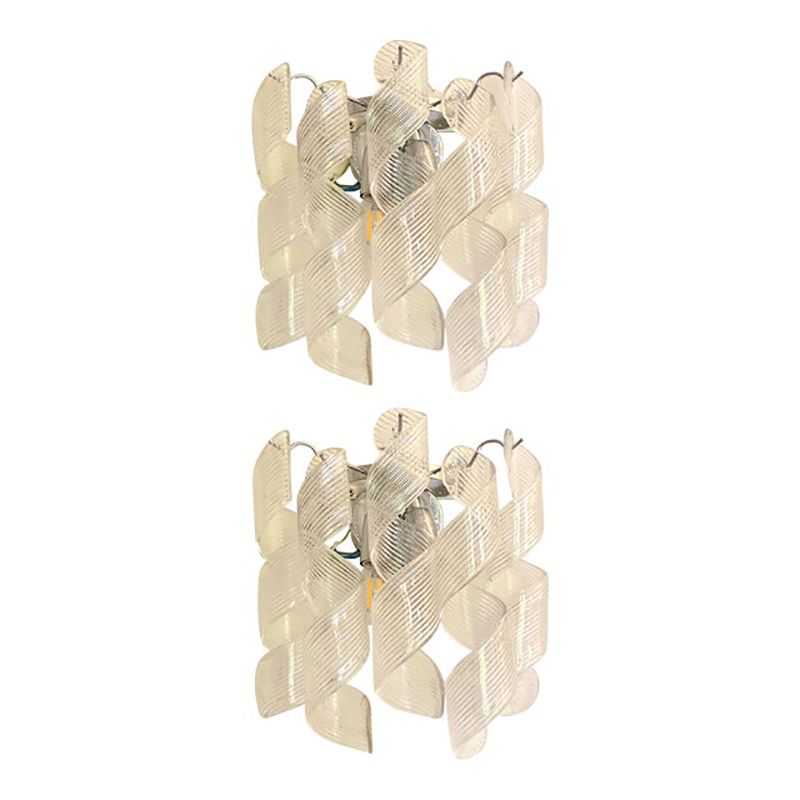 Set Of Two Transparent “Ricci” Murano Glass Wall Sconces In Mazzega Style