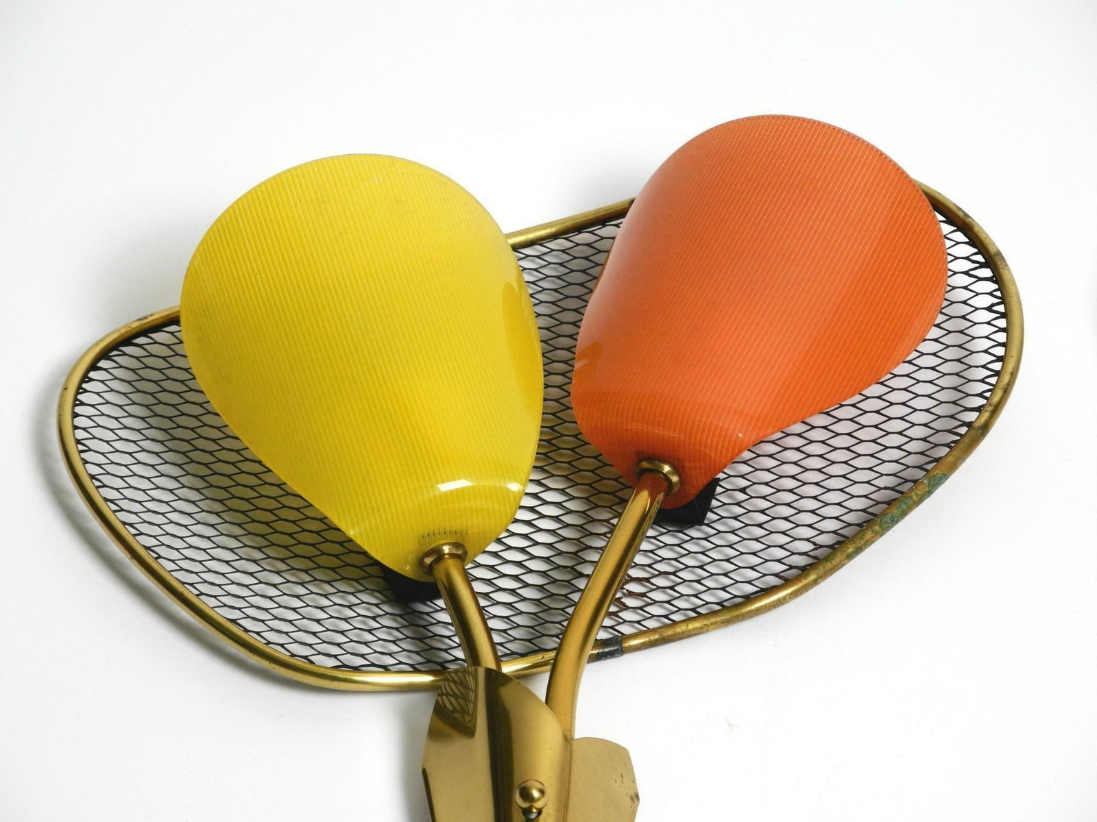 Pair Of Large Mid Century Expanded Metal Wall Lamps With Plexiglass Shades photo vinterior