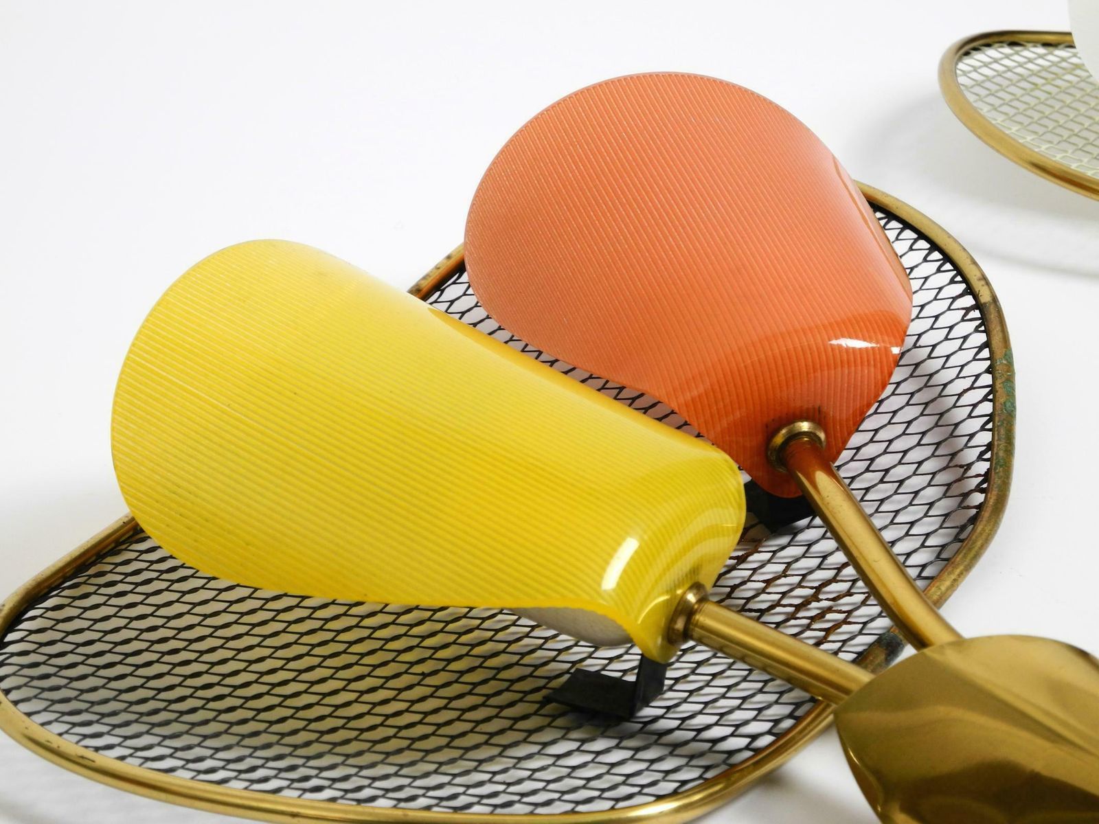 photo for sale Pair Of Large Mid Century Expanded Metal Wall Lamps With Plexiglass Shades