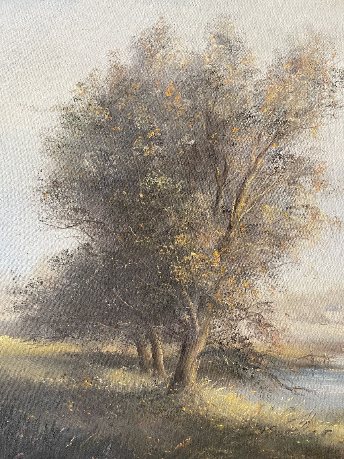 Original Oil Painting Children Fishing By River Scene By Ted Dyer(b.1940) photo for sale