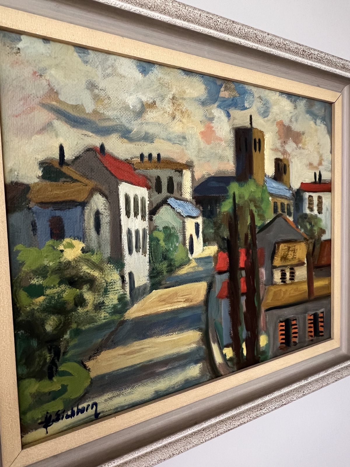 French Village Landscape Oil Painting By Listed Artist Jack Eichborn photo vinterior