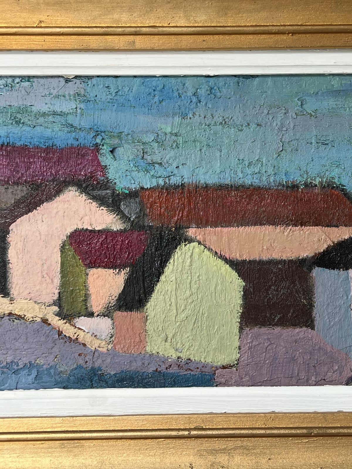 photo for sale Cubist Houses Oil Painting On Board  By Listed Swedish Artist