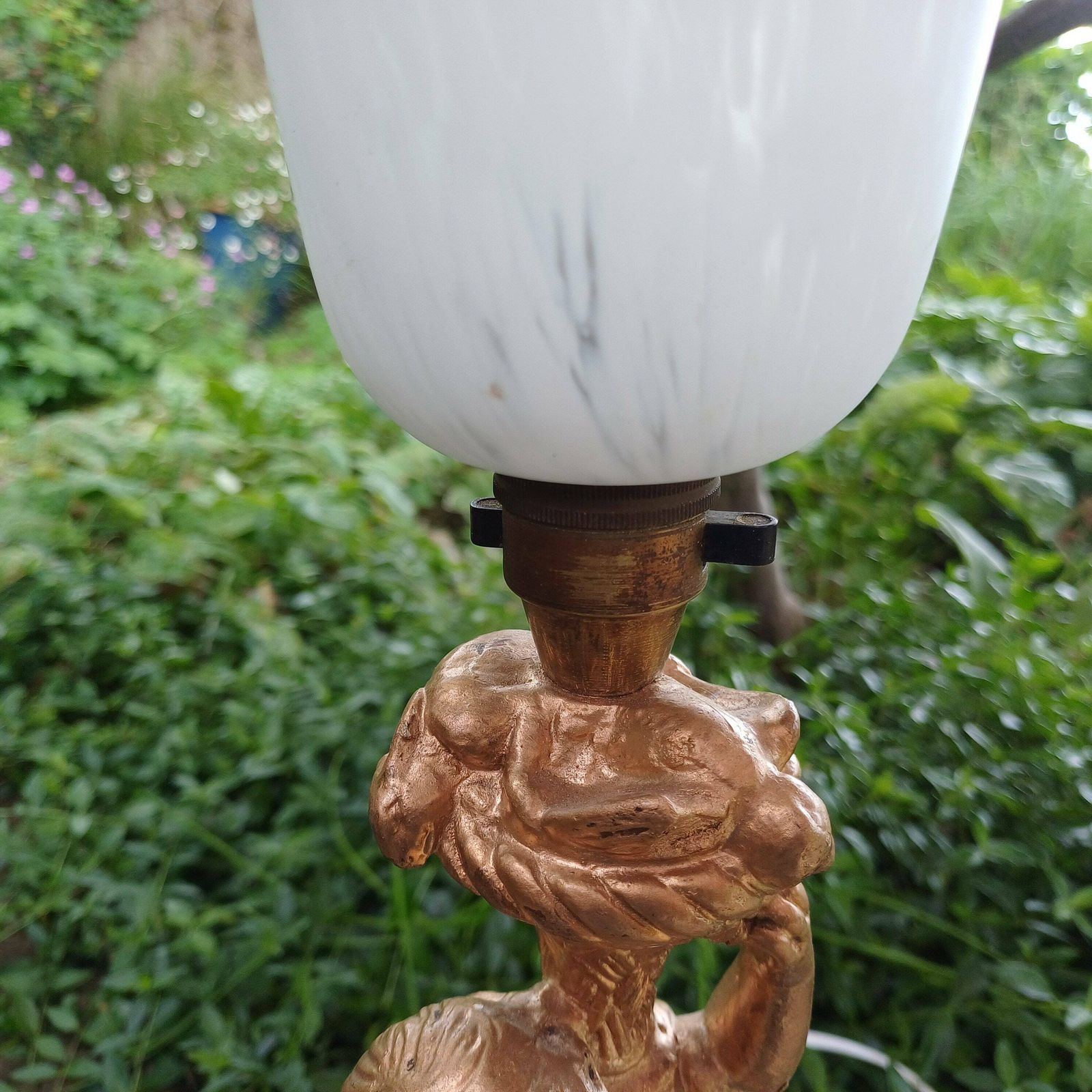 Vintage Cherub Gold Table Lamp With Early 20th Century Glass Lampshade. photo for sale