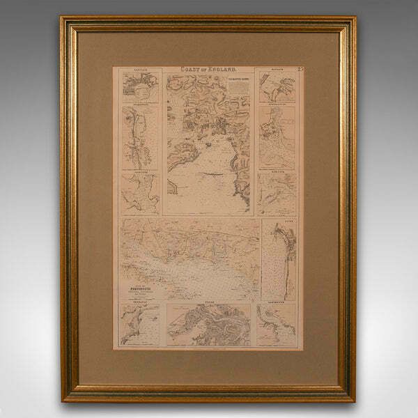 Antique Lithography Map, Coastal England, Framed Cartography Interest, Victorian photo furniture