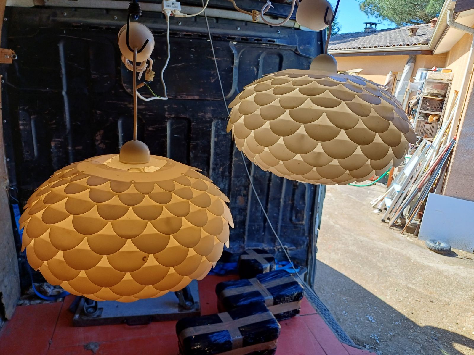 Pair Of Vintage White Plastic Pendant Lights photo buy