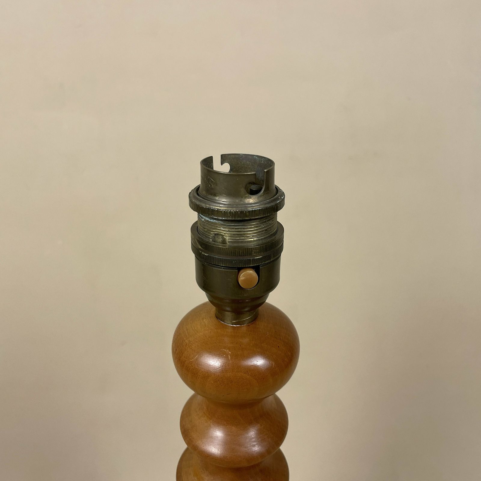 Antique Bauble Wooden Lamp Light Bedside Side Table Desk Column Round Base Vintage Brown Hand Carved Farmhouse Cottage Decor Wood photo for sale