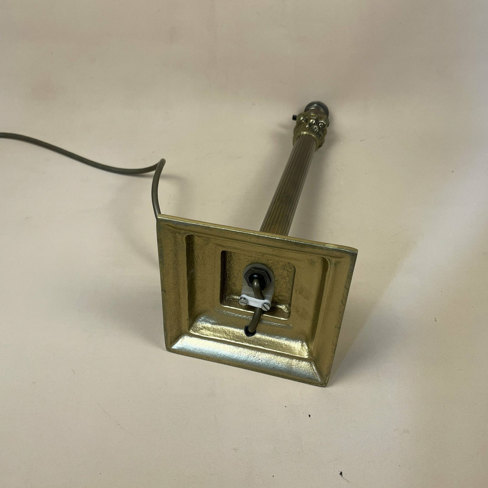 photo for sale Vintage Gold Brass Metal Lamp Light Bedside Side Table Desk Ornate Detail Square Base Antique Medium Pattern Aged Patina Column Pillar