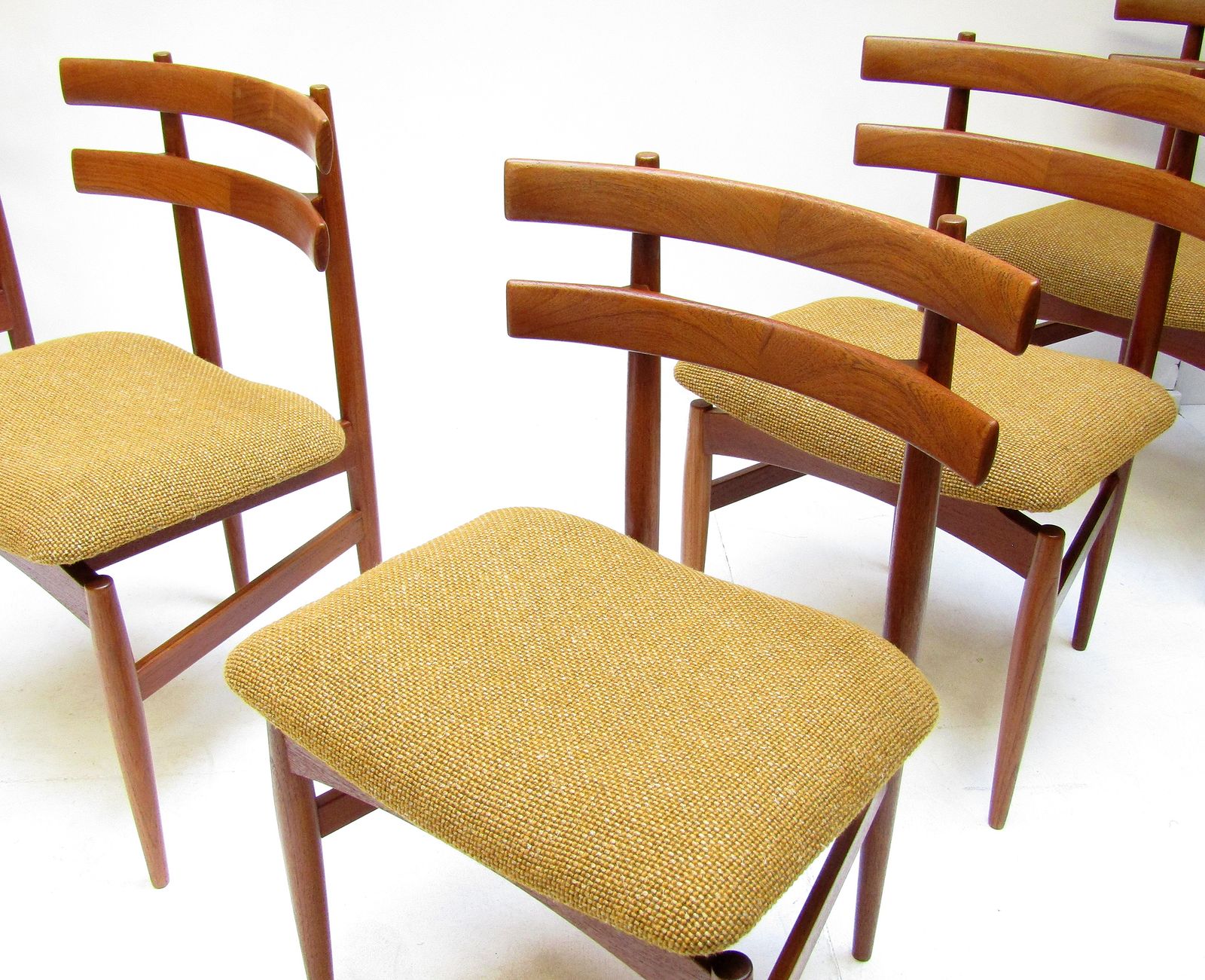 photo for sale Five 1960s Danish Model 30 Dining Chairs By Poul Hundevad In Teak & Mustard Fabric