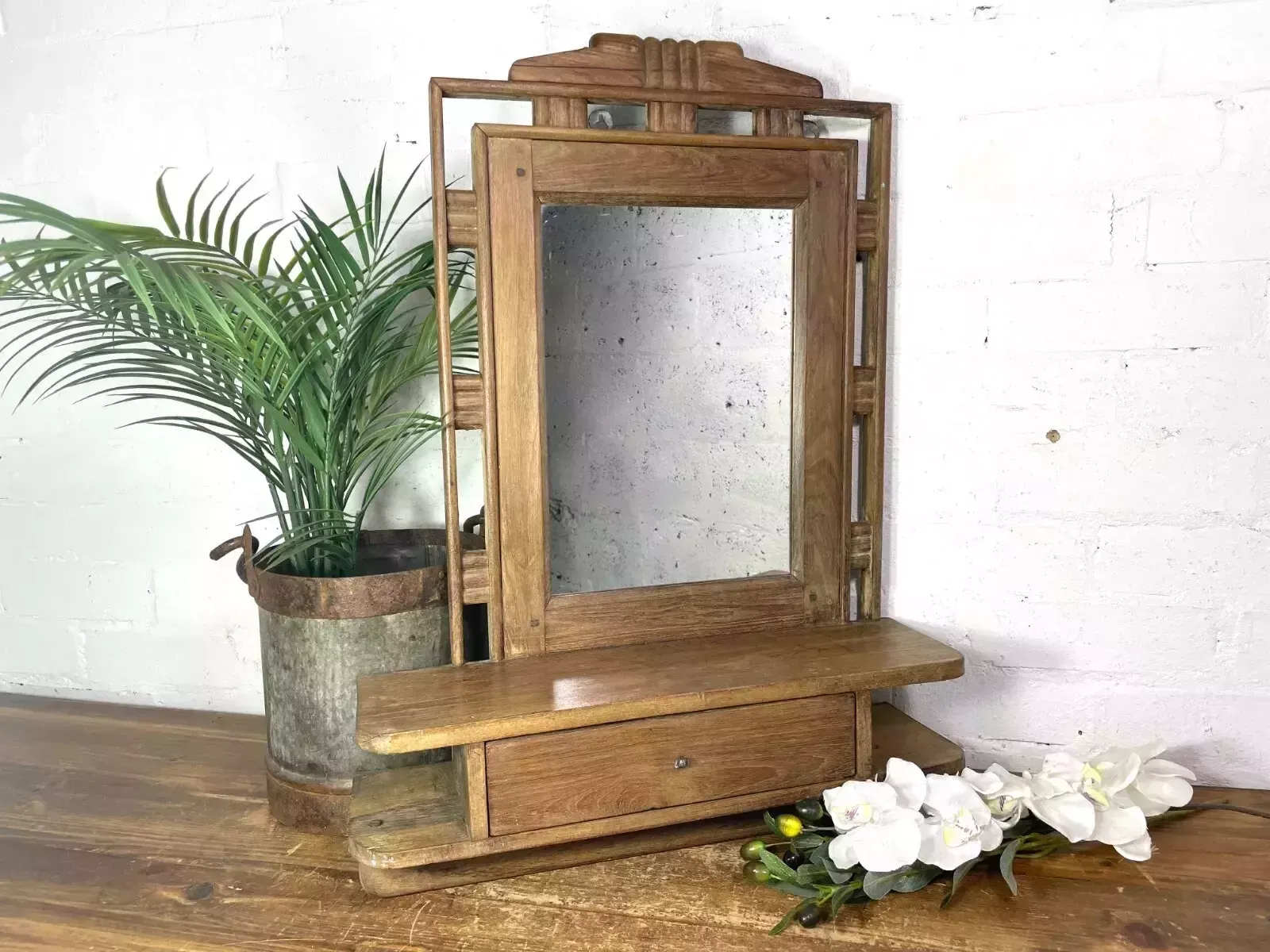 Antique Indian Colonial Wooden Bathroom Shaving Wall Mirror