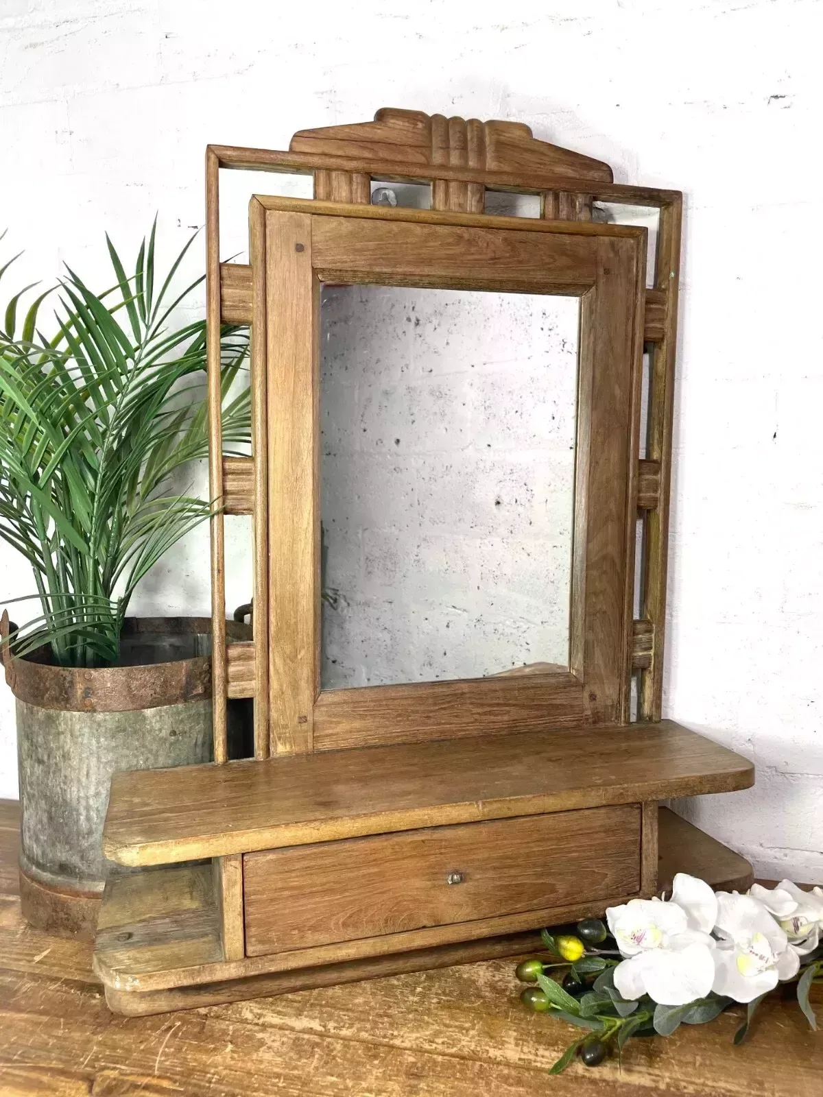 Antique Indian Colonial Wooden Bathroom Shaving Wall Mirror photo furniture