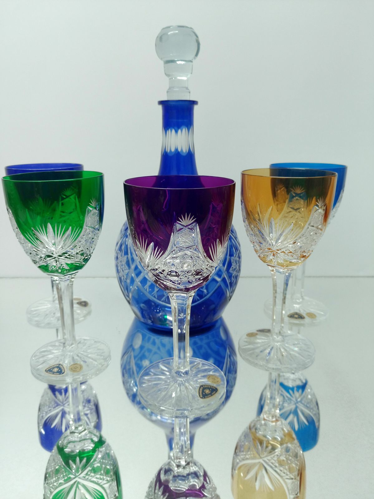 Decanter And 5 Lead Colorful Glasses / Bohemia Crystal photo Home Decor