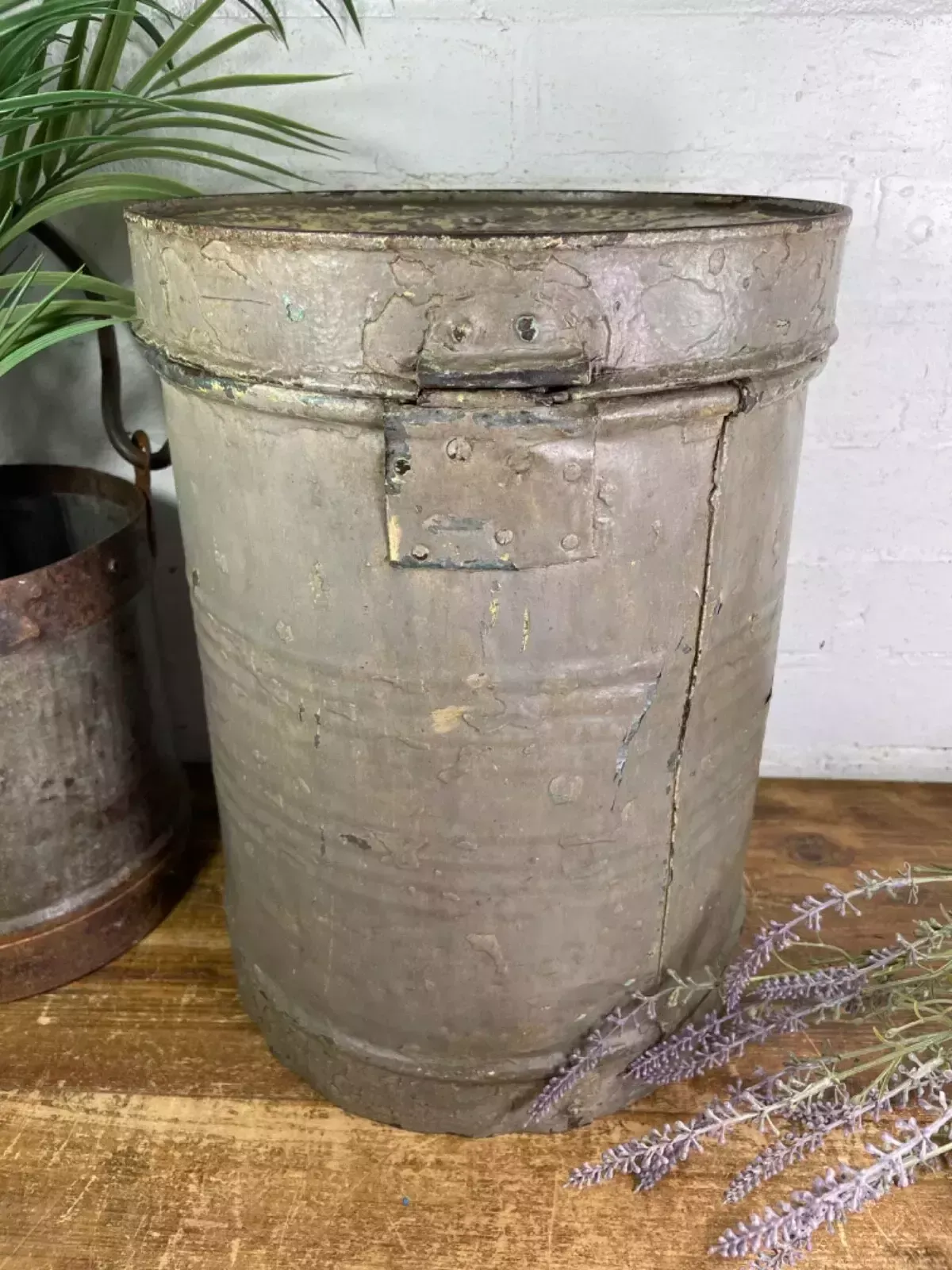 Vintage Indian Industrial Galvanised Metal Rice Grain Storage Drum Bin Cannister photo Garden Decor