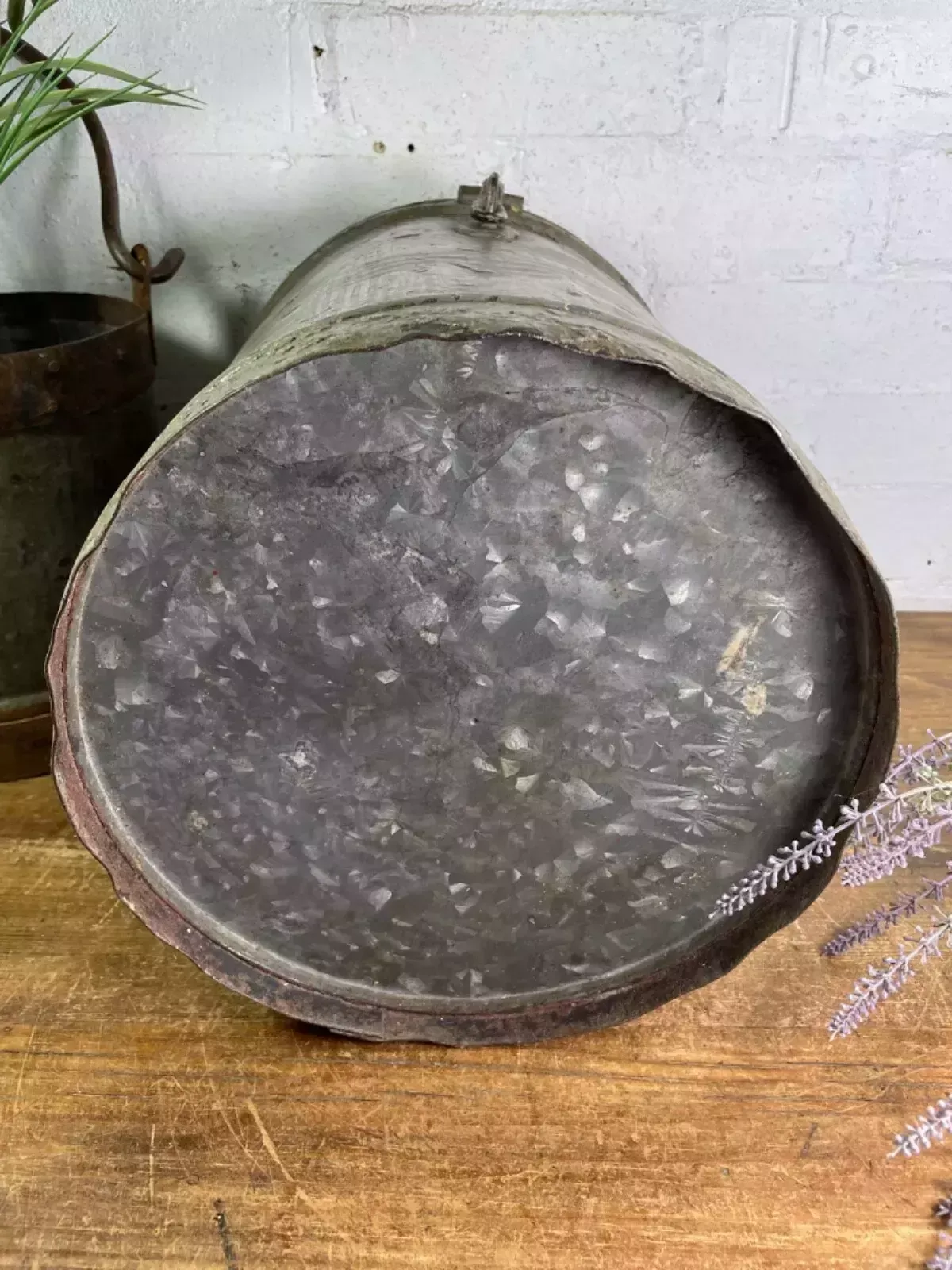 photo for sale Vintage Indian Industrial Galvanised Metal Rice Grain Storage Drum Bin Cannister