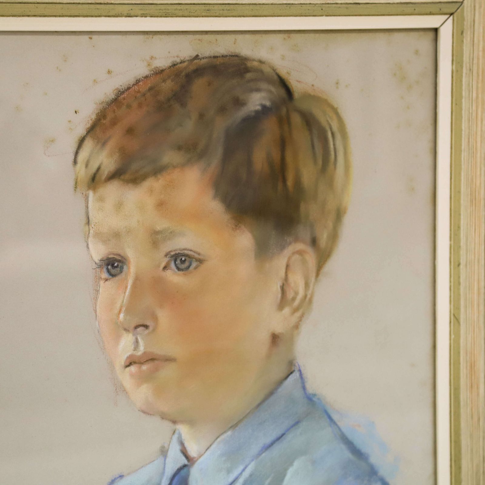 Pastel Portrait Of Young Boy Wood Frame Behind Glass Circa 1970s photo for sale