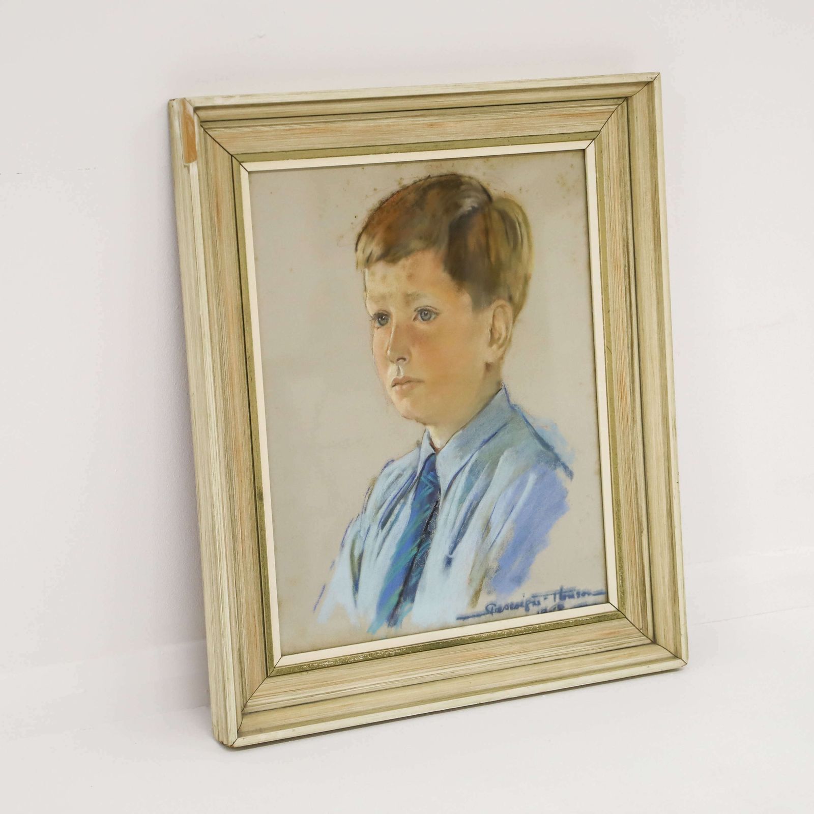 Pastel Portrait Of Young Boy Wood Frame Behind Glass Circa 1970s photo vintage