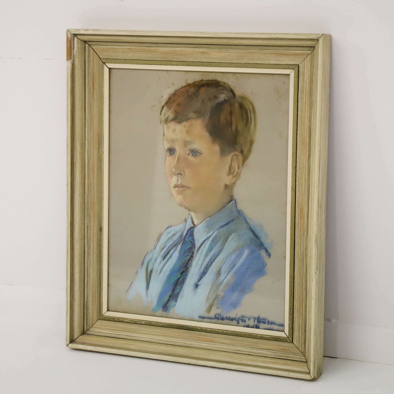 photo furniture Pastel Portrait Of Young Boy Wood Frame Behind Glass Circa 1970s