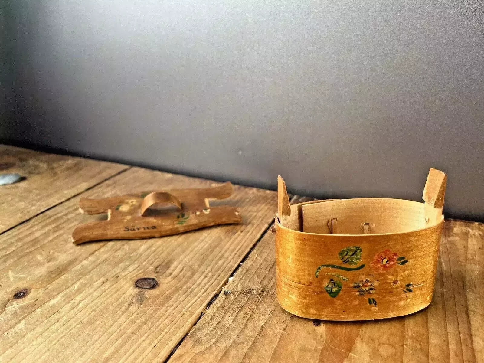Mini Antique Swedish Svepask Tine Bentwood Folk Art Painted Box Scandi Kitchen photo furniture
