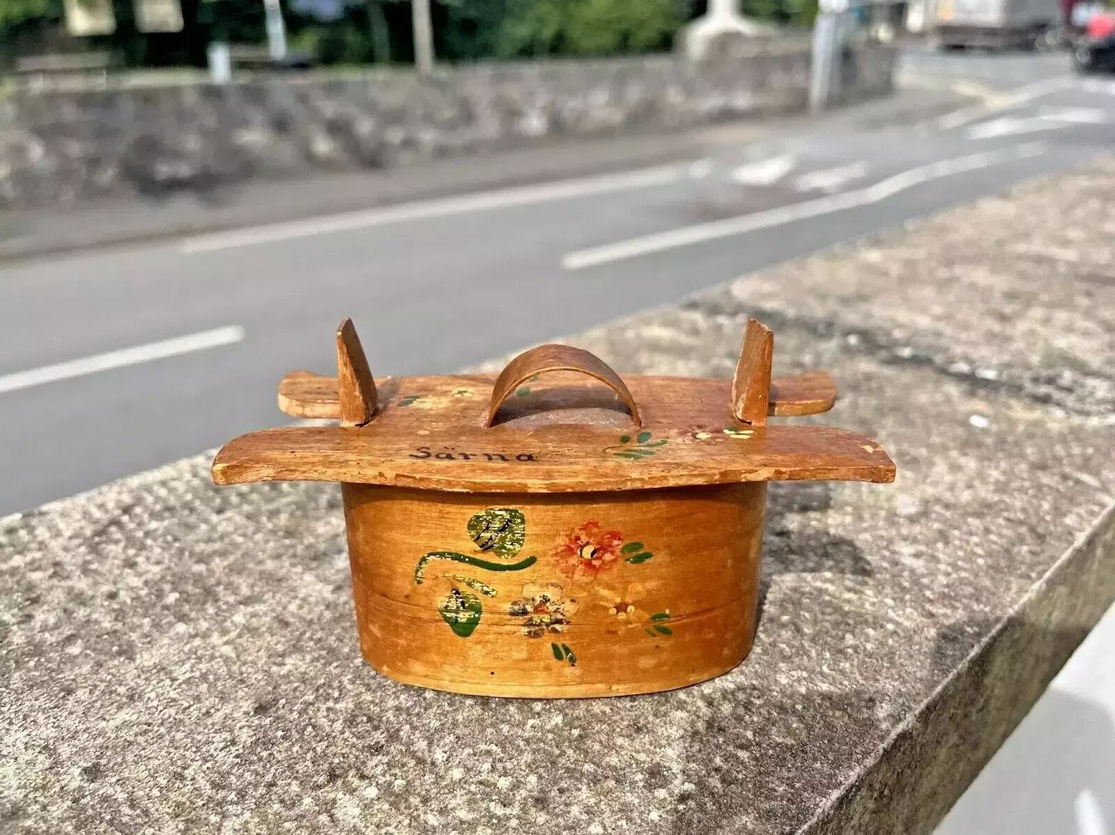 60.0 Mini Antique Swedish Svepask Tine Bentwood Folk Art Painted Box Scandi Kitchen photo