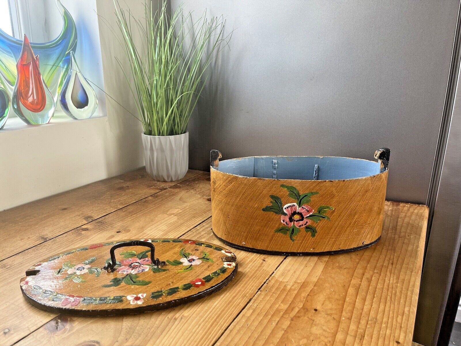 Large Antique Swedish Svepask Tine Bentwood Folk Art Painted Box Scandi Kitchen photo furniture