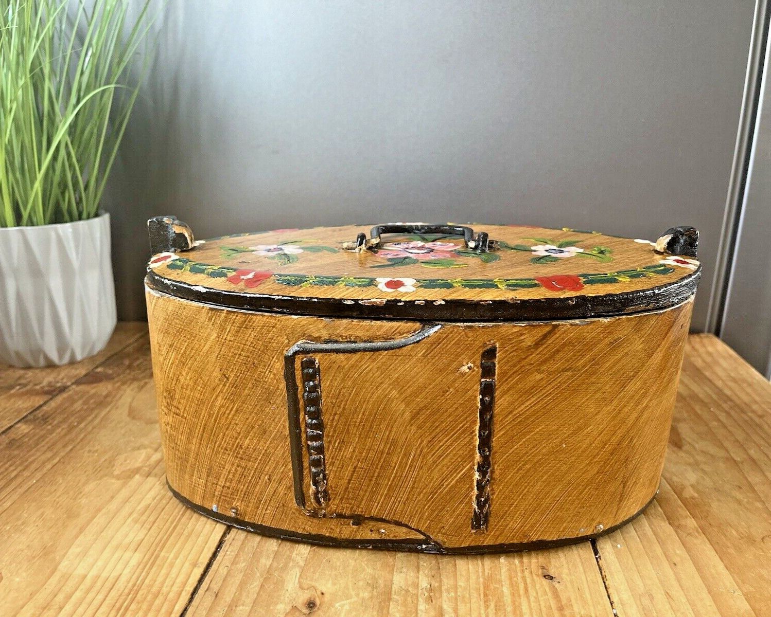 Large Antique Swedish Svepask Tine Bentwood Folk Art Painted Box Scandi Kitchen photo buy