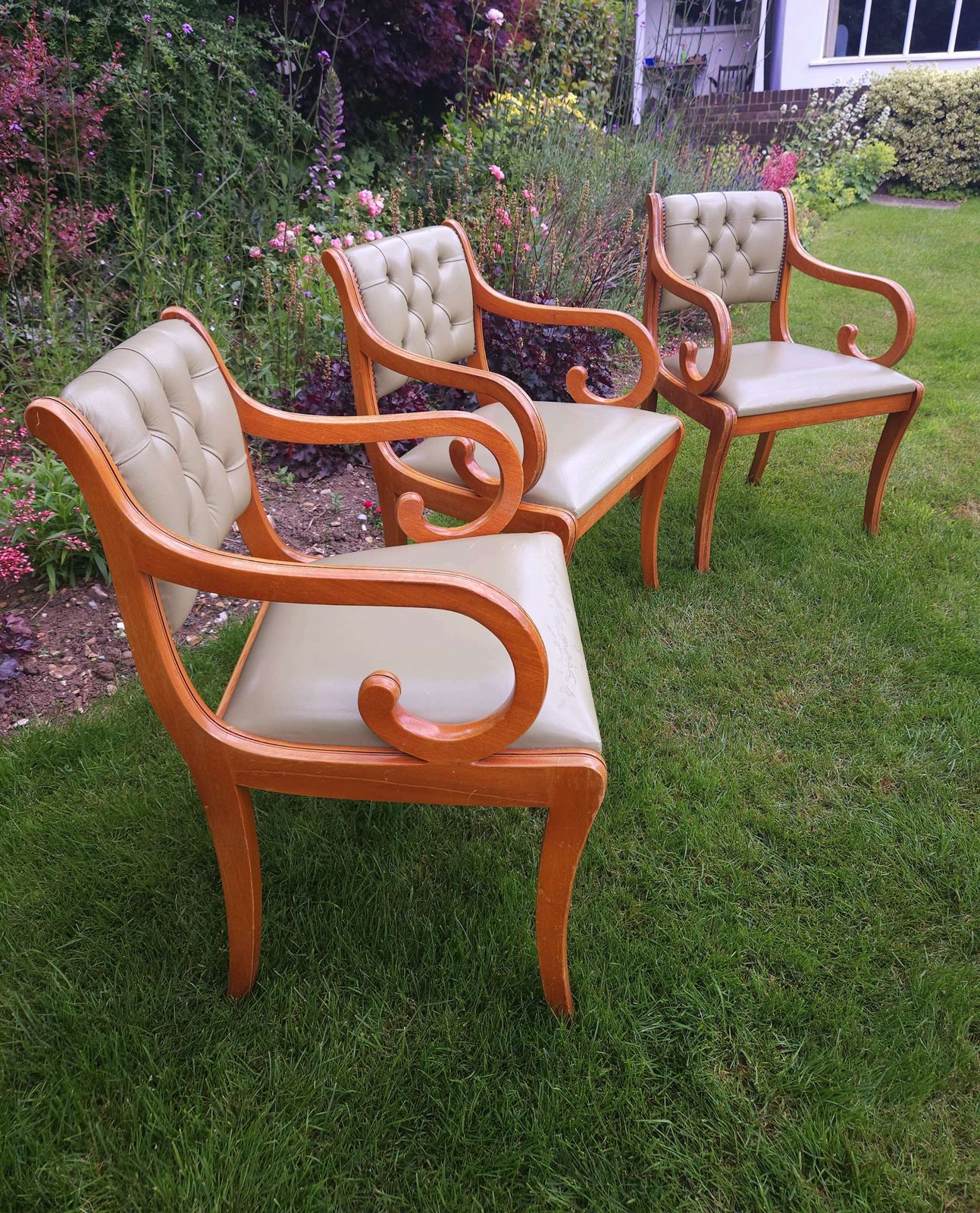Trio Of Chesterfield Desk Chairs In Pale Olive Green Leather photo furniture