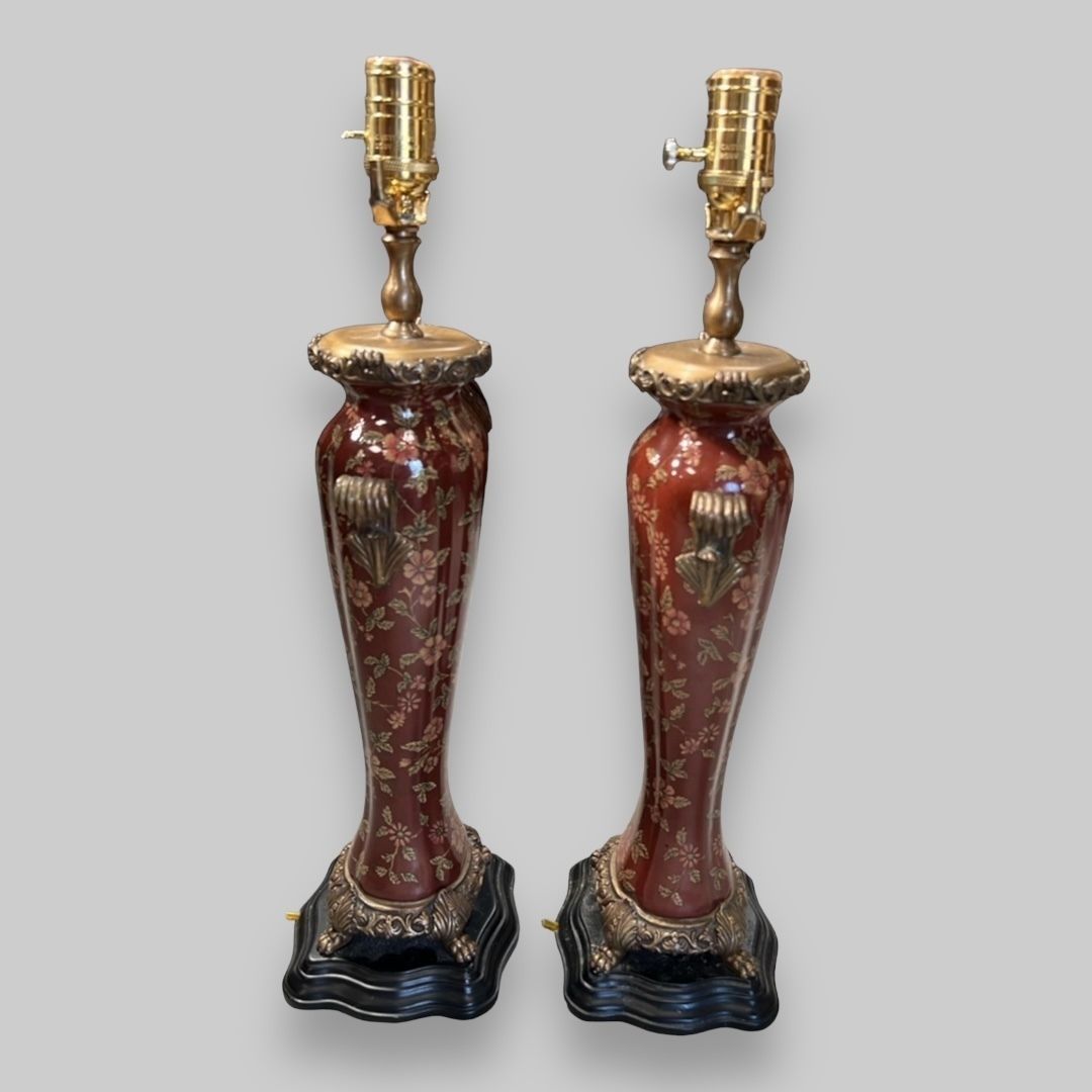 An Attractive Pair Of American Bronze Mounted Porcelain Lamps photo for sale