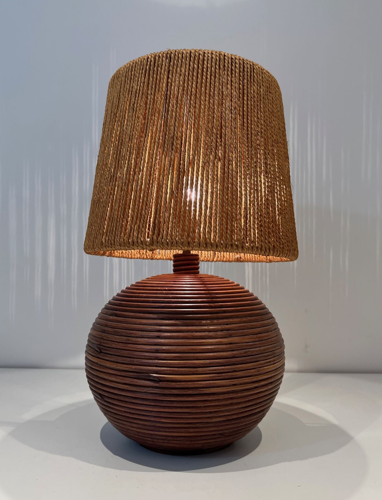 Round Rattan Lamp With Rope Shade In The Style Of Adrien Adoux And Frida Minet. Circa 1970 photo furniture