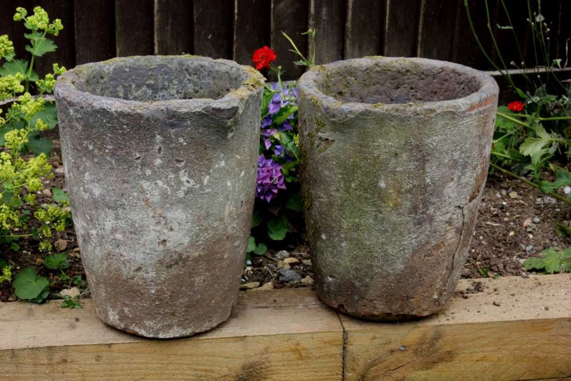 photo vinterior Two French Foundry Melting Pots. Lava Stone Smelting Crucibles. Planters.