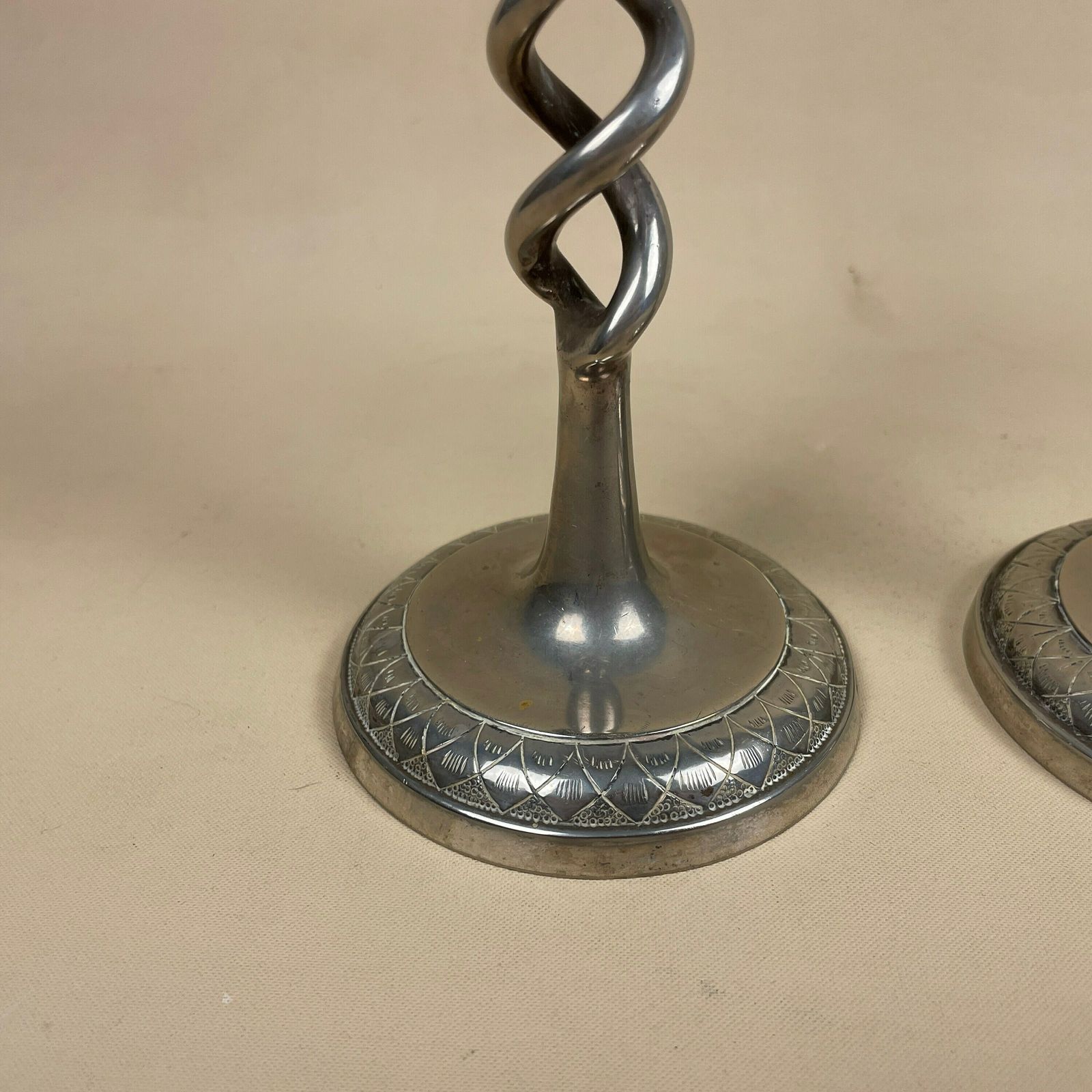 Antique Matching Pair Of Silver Metal Candlestick Candle Stick Vintage Column Taper Dinner Candlesticks Twisted Twist Round Base photo 55.0