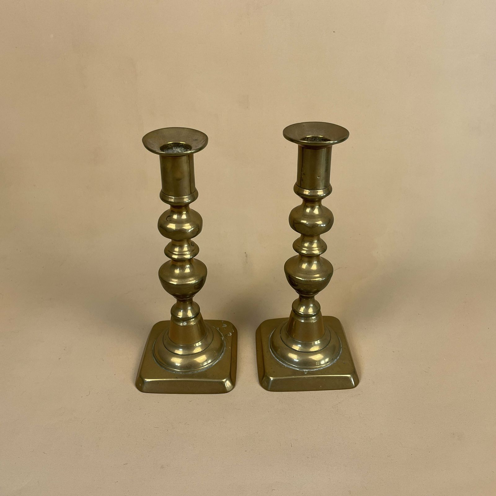 Antique Matching Pair Of Gold Brass Metal Candlestick Candle Stick Vintage Column Taper Dinner Candlesticks Square Base Pillar Old photo furniture