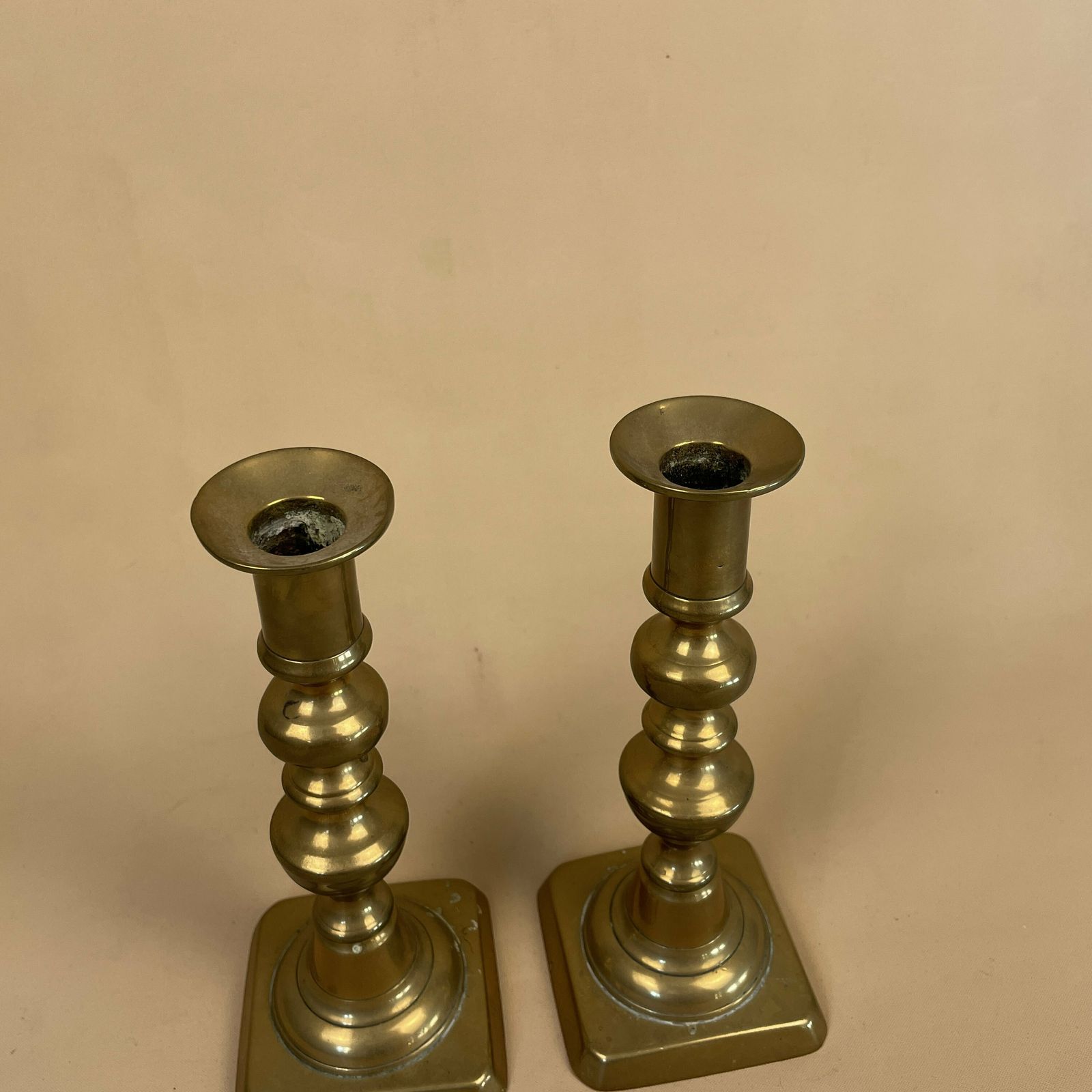 Antique Matching Pair Of Gold Brass Metal Candlestick Candle Stick Vintage Column Taper Dinner Candlesticks Square Base Pillar Old photo Home Decor