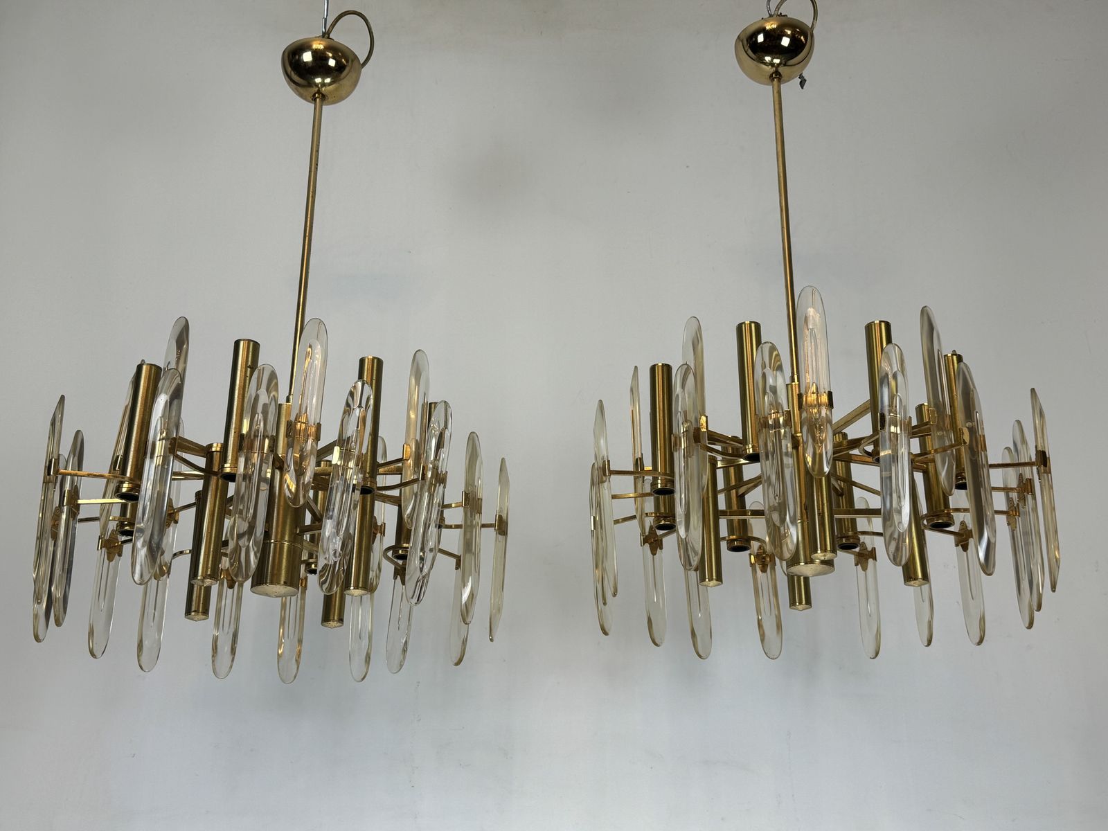 Sciolari, Pair Of Italian Brass And Glass Chandeliers From 70s photo buy