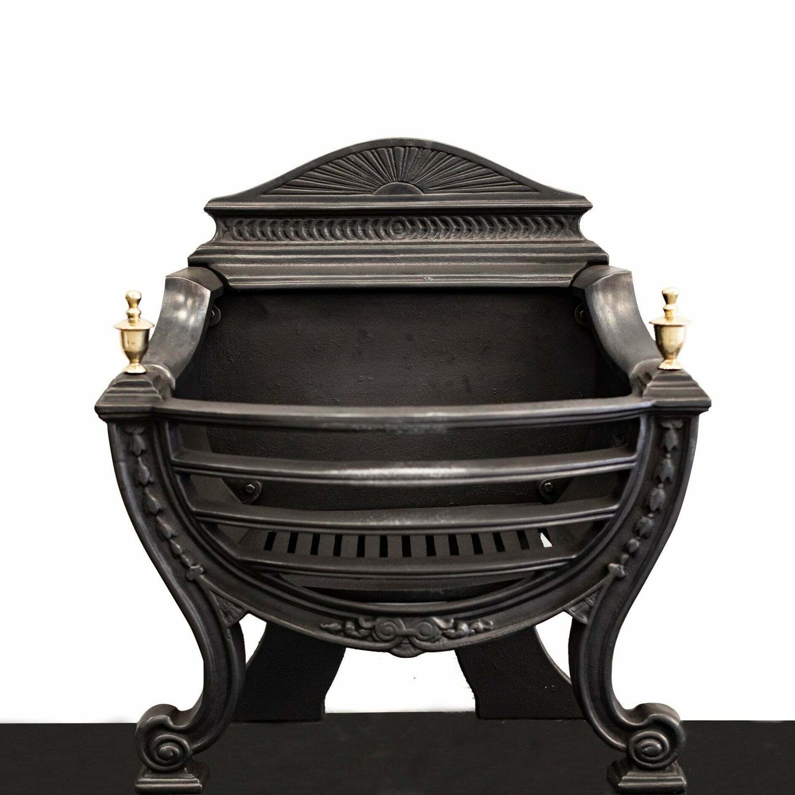 Victorian Style Cast Iron Fire Basket With Brass Finials