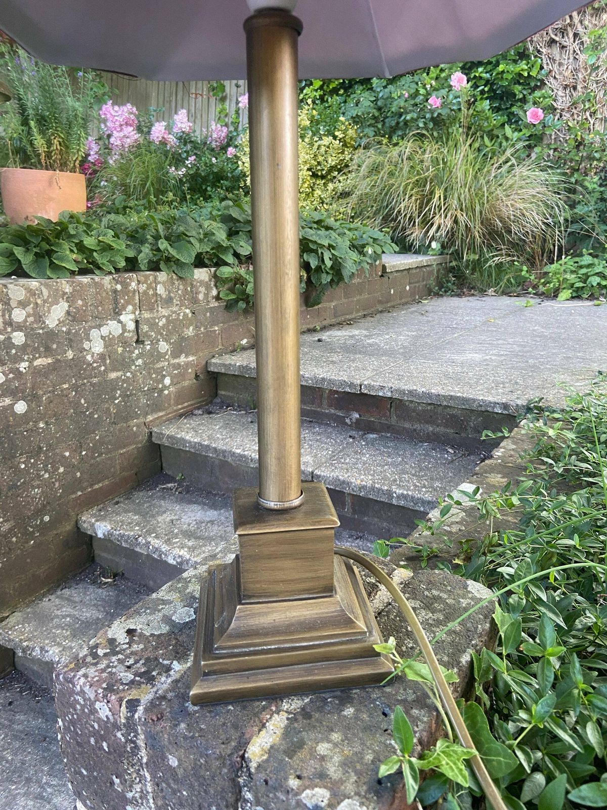 Delightful Vintage Very Tall Metal Lamp (Antique Bronze Gold Colour) With Maroon Vintage Shade, Quality Vintage Table Lamp Working Condition photo furniture