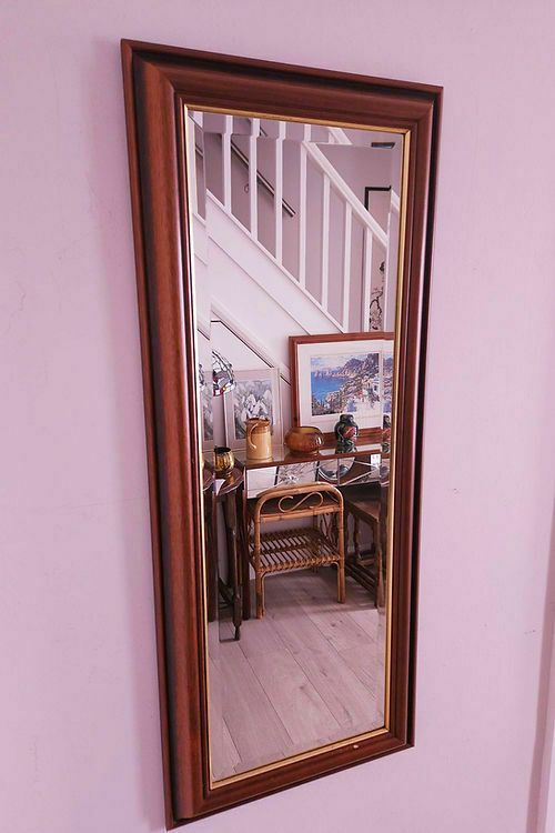 Tall And Handsome Mahogany Bevelled Mirror With Gold Inlay