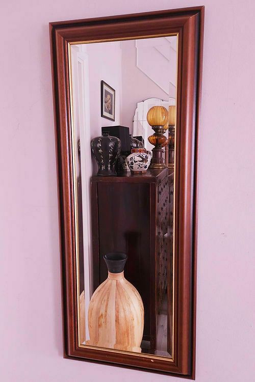Tall And Handsome Mahogany Bevelled Mirror With Gold Inlay photo furniture