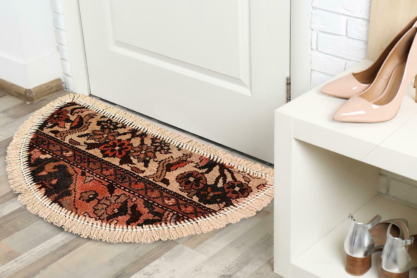 Handmade Rug Doormat Oriental Rug Semi Circular Interior Carpet Mat Entrance Way photo vintage