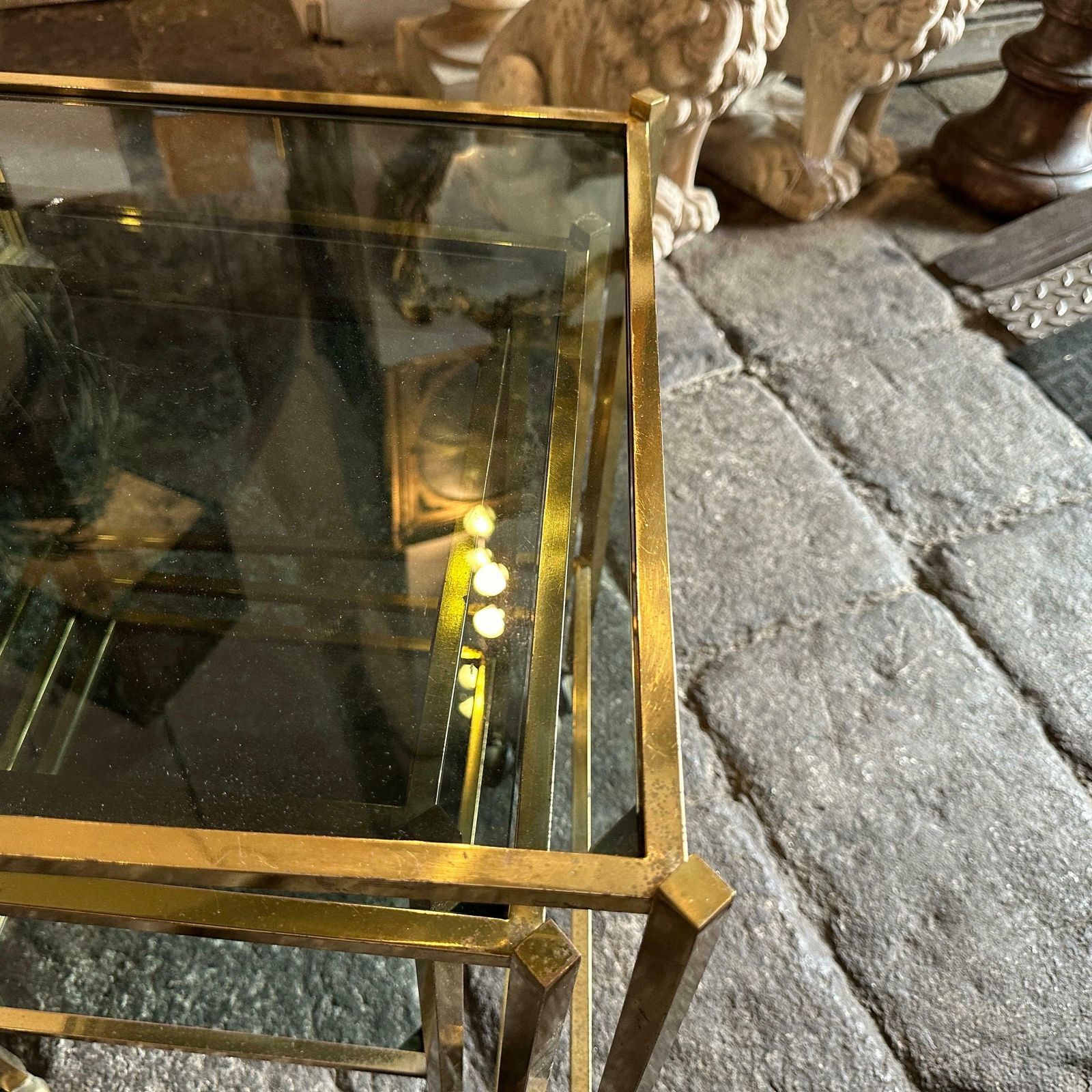 1960s Mid Century Modern Set Of Three Brass And Smoked Glass Nesting Tables photo buy
