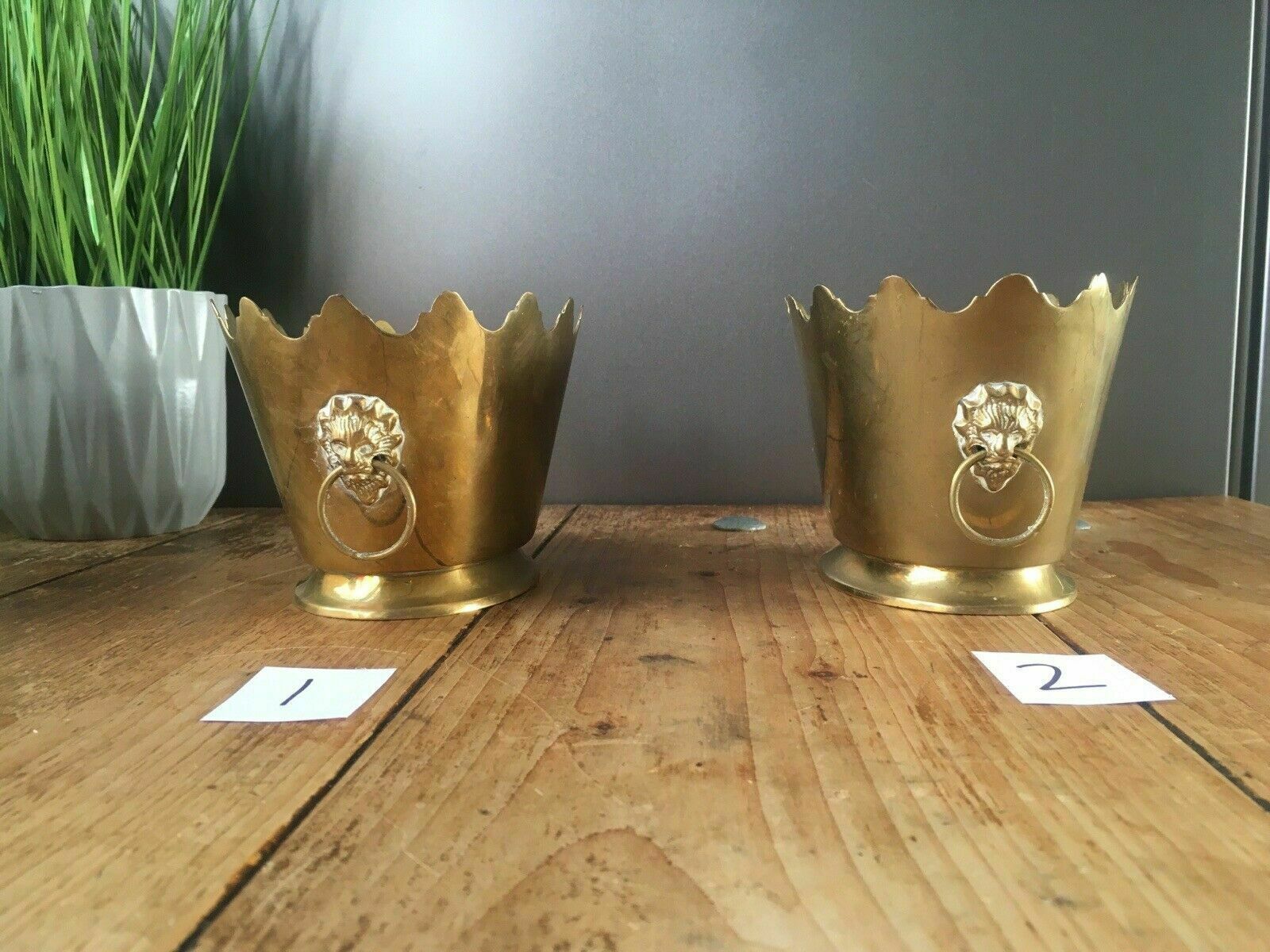 1 Vintage Brass Castellated Lions Head Flower Cachepot Planter Plant Pot Antique photo buy