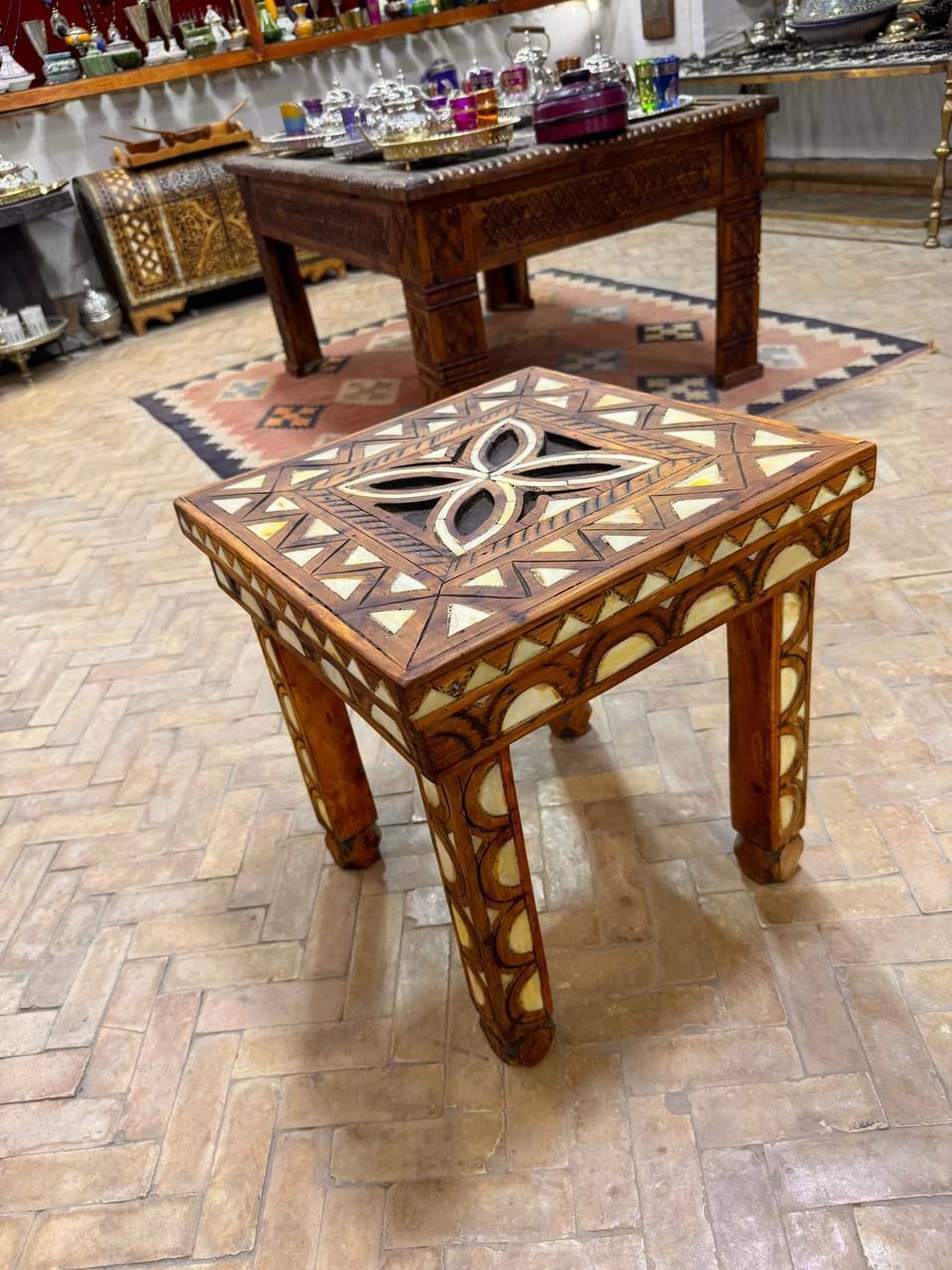 High End Vintage Camel Bone Inlay Moroccan Wooden Table For Living Room Bedroom photo vinterior