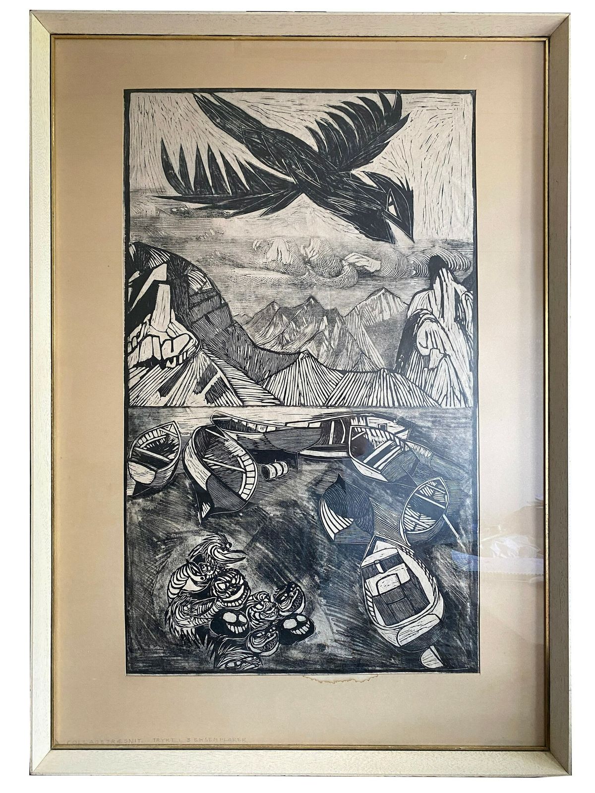 Framed Mid 20th Century Danish Woodcut Print   Cliffs And Sea Tenerife