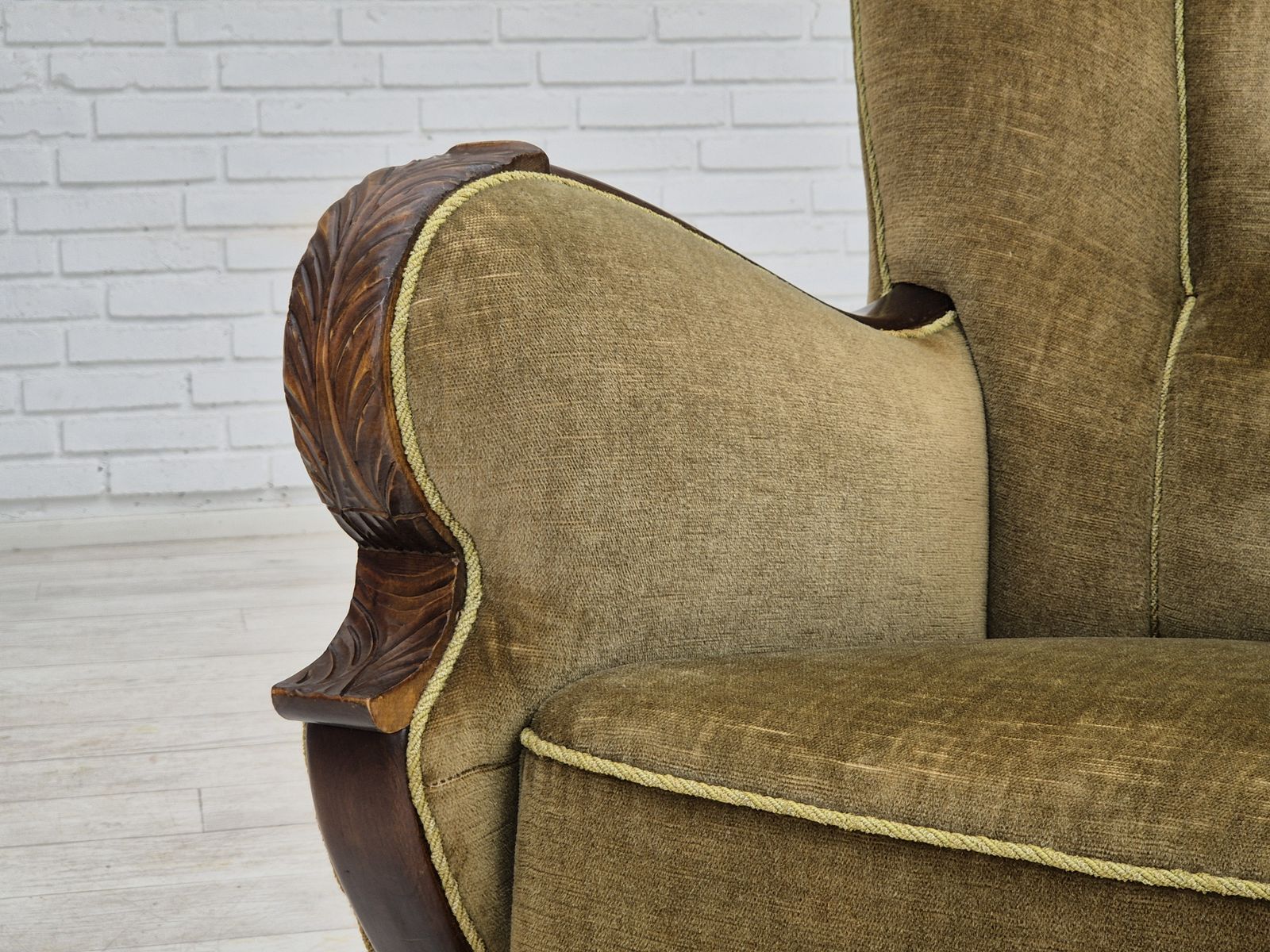 Furniture 1960s, Danish Vintage Armchair, Furniture Velour, Dark Beech Wood. photo