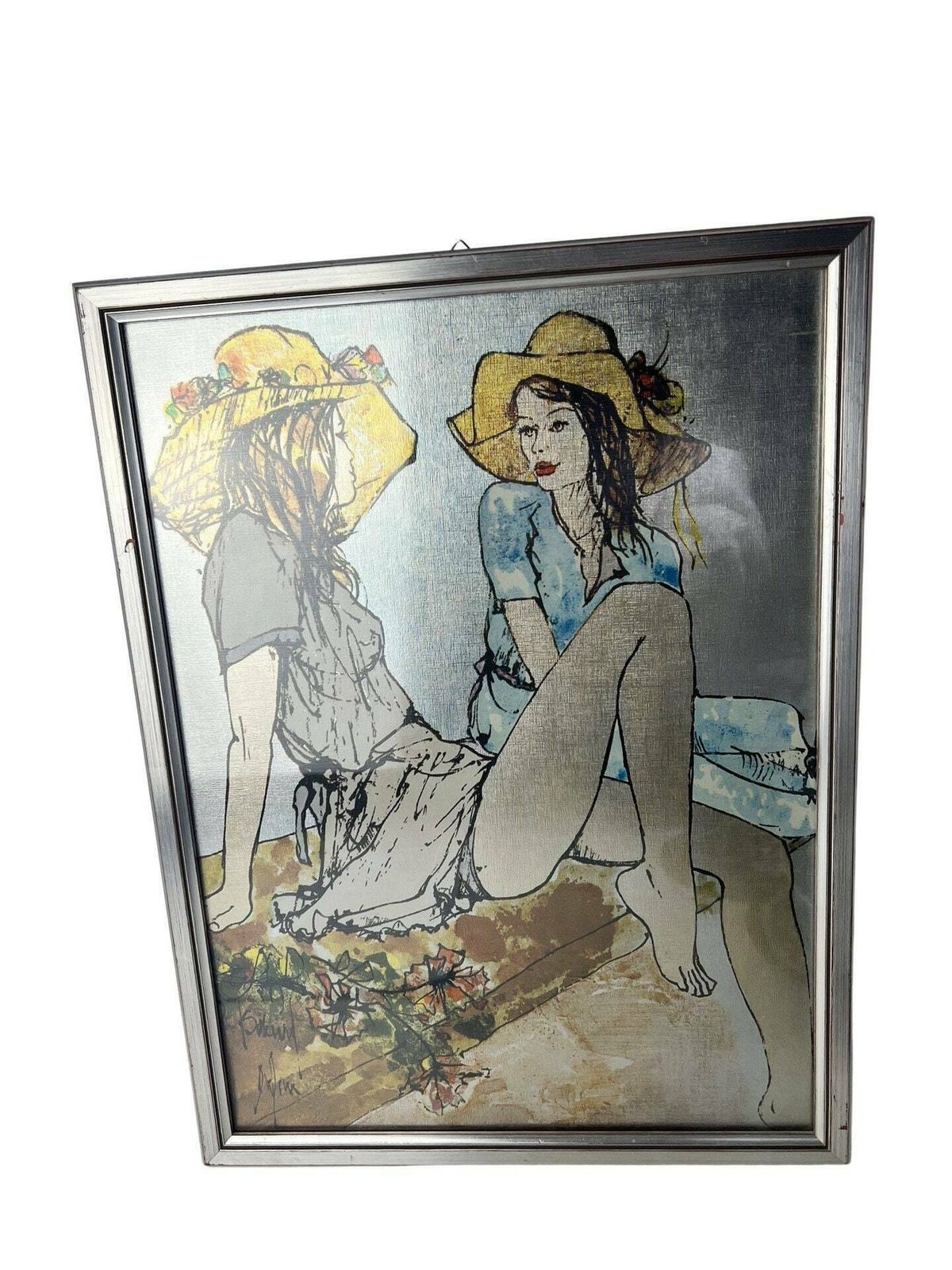 Vintage French Mid Century Bernard Dufour Reproduction Framed Boho Chic 1970s Painting Whimsical Romantic Art Of Two Girls Valentines Gift photo Art